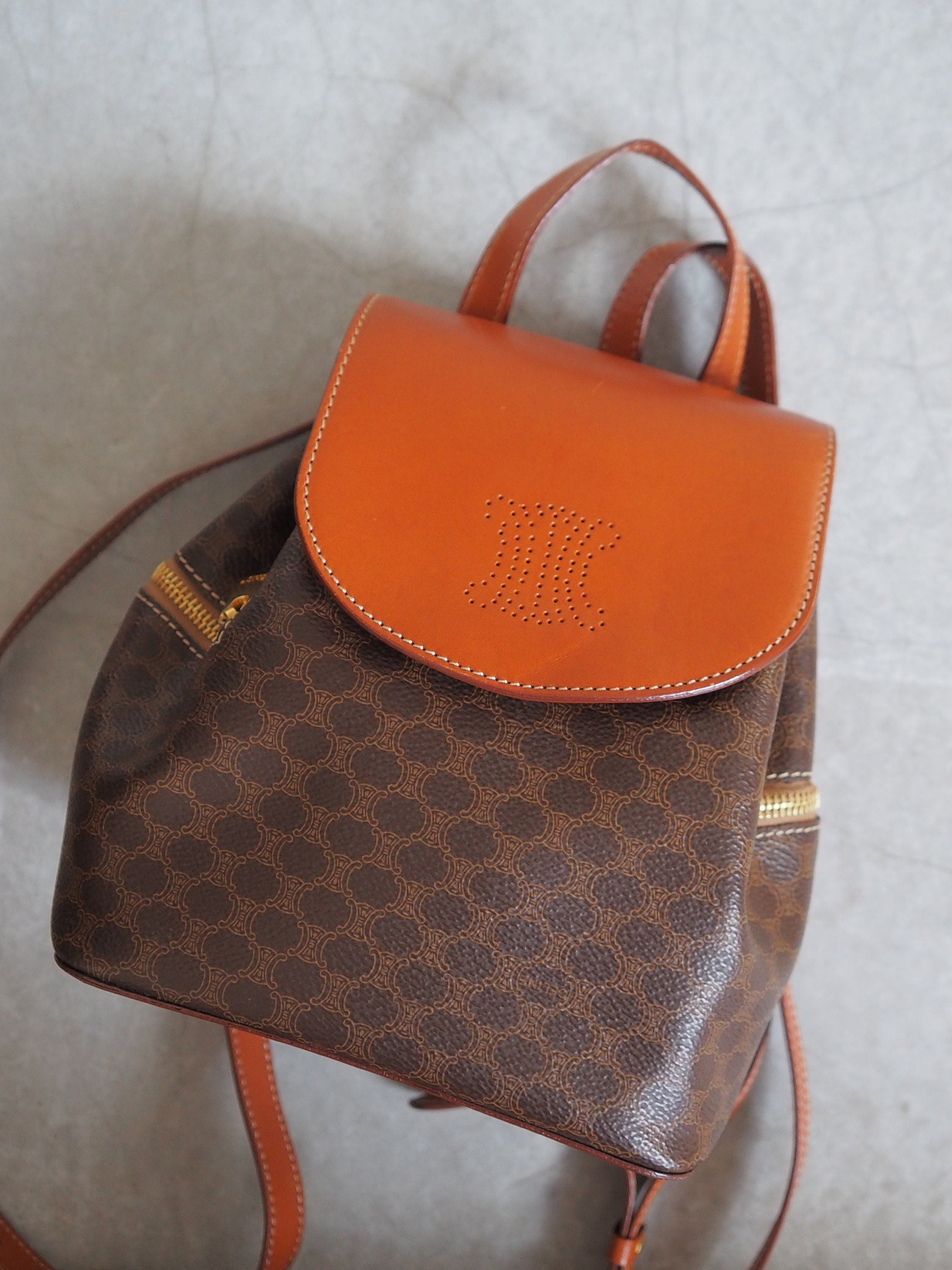 CELINE Macadam Backpack Bag Brown Leather PVC Vintage Authentic