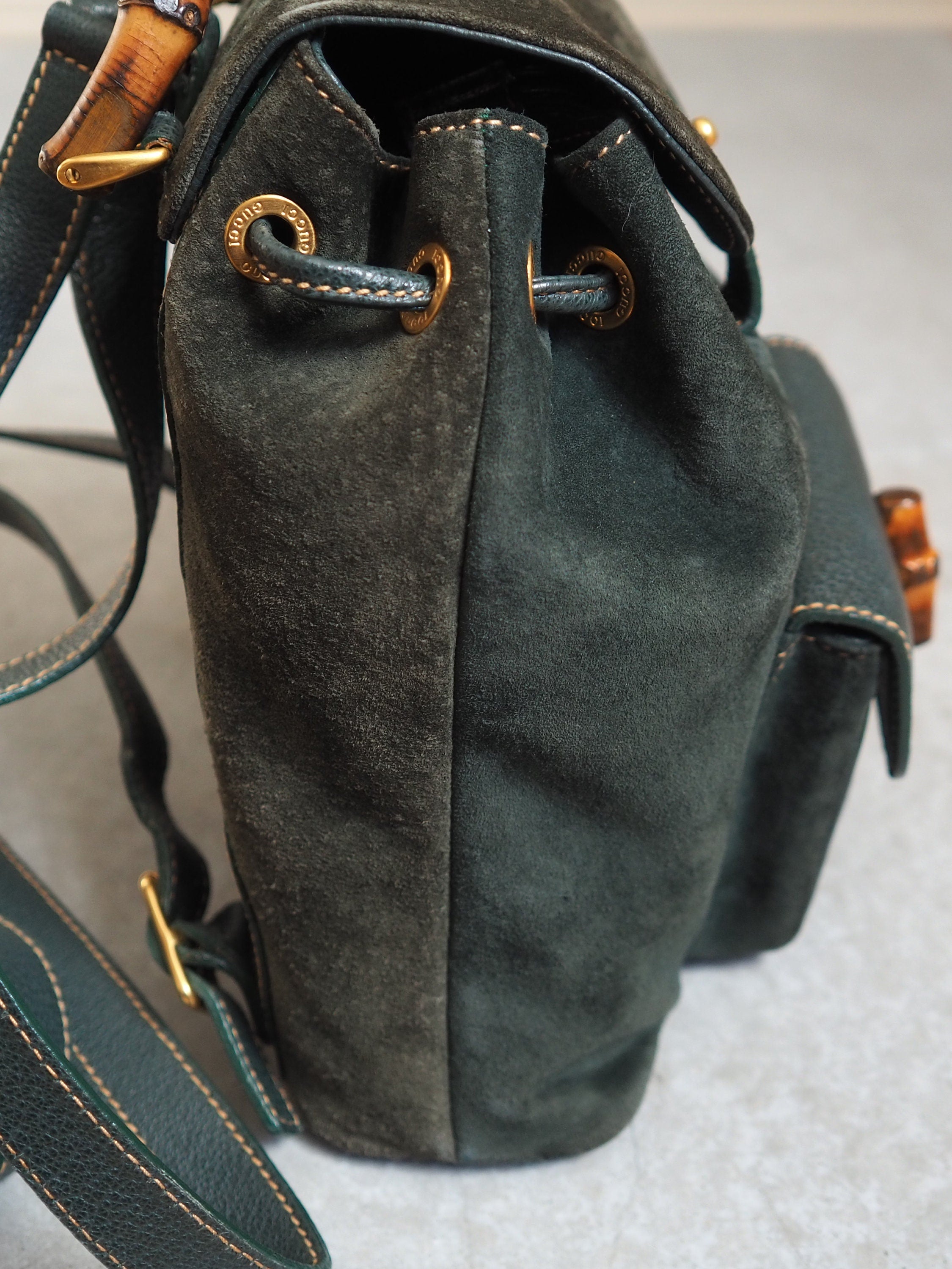 GUCCI Bamboo Backpack Bag Suede Green Vintage Authentic