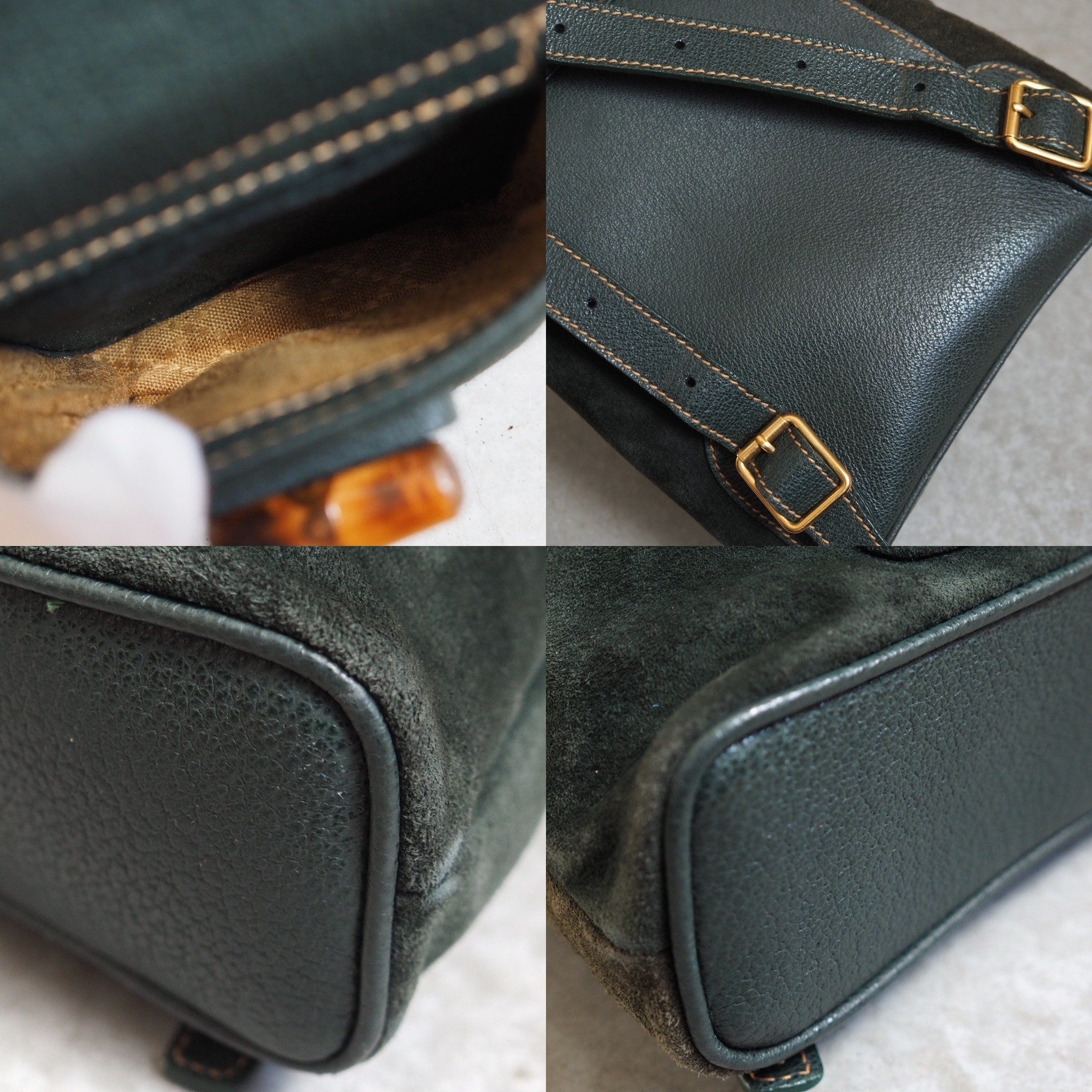 GUCCI Bamboo Backpack Bag Suede Green Vintage Authentic