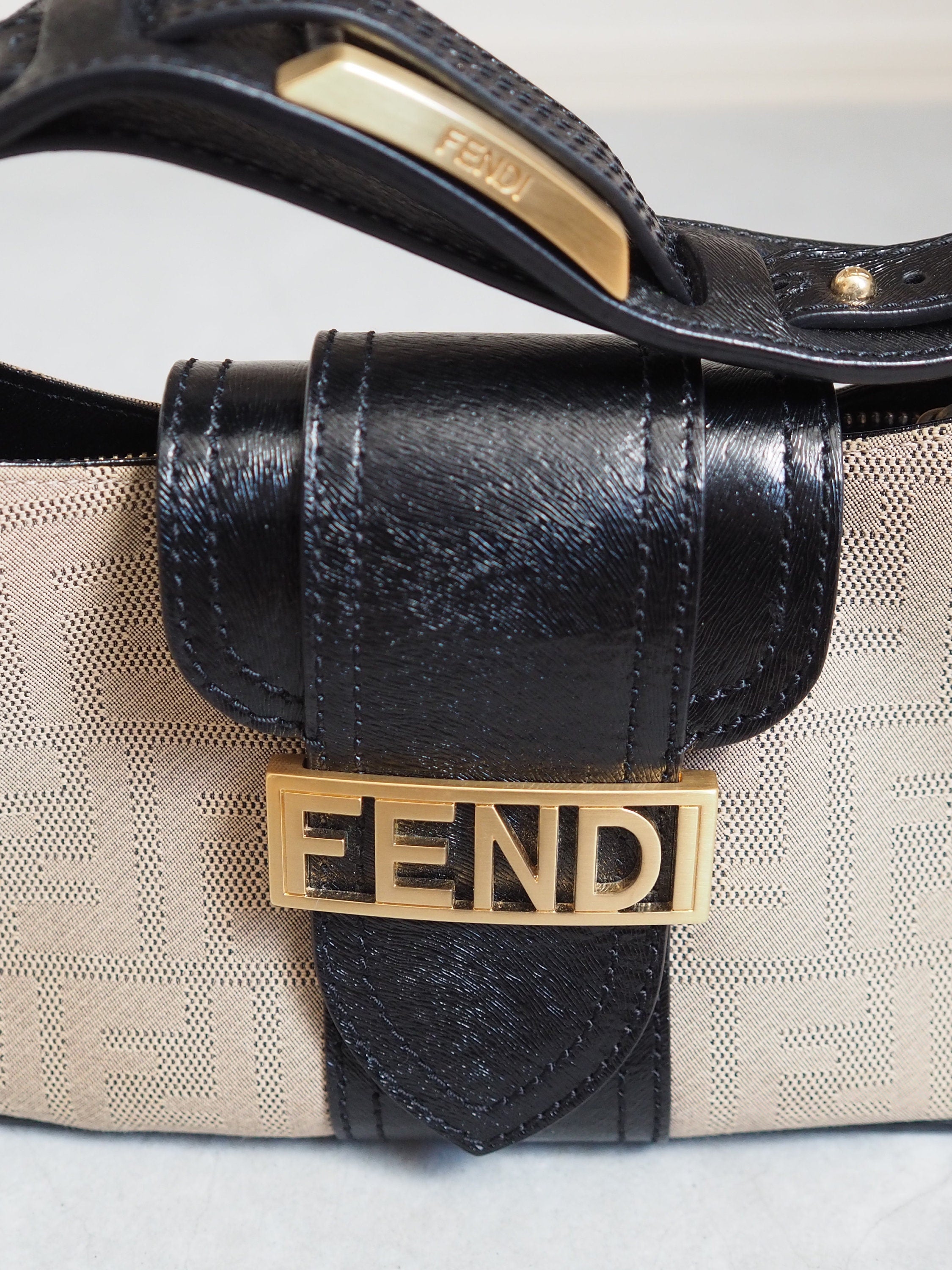FENDI Zucca Logo Hand Shoulder Bag Canvas Leather Vintage Authentic