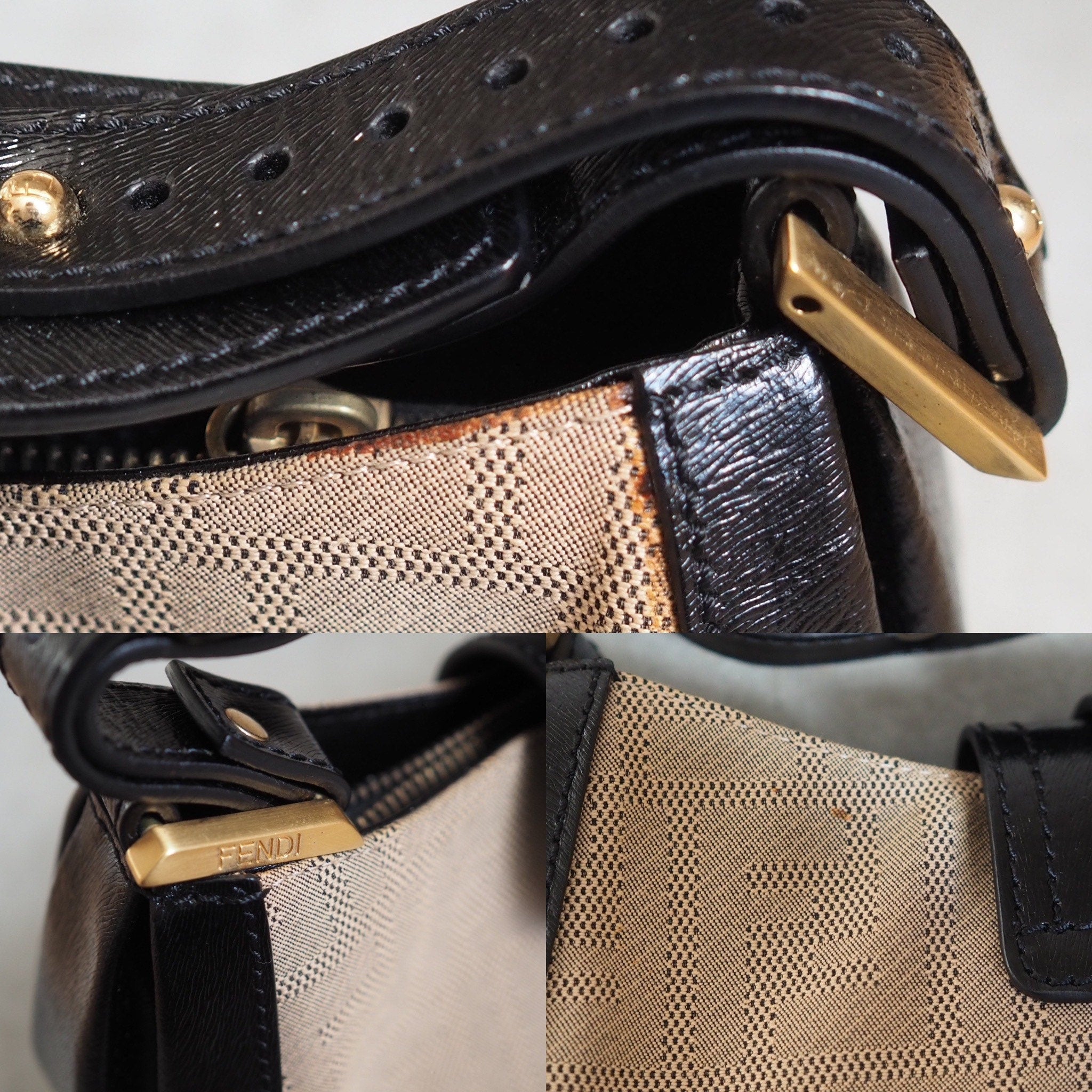 FENDI Zucca Logo Hand Shoulder Bag Canvas Leather Vintage Authentic