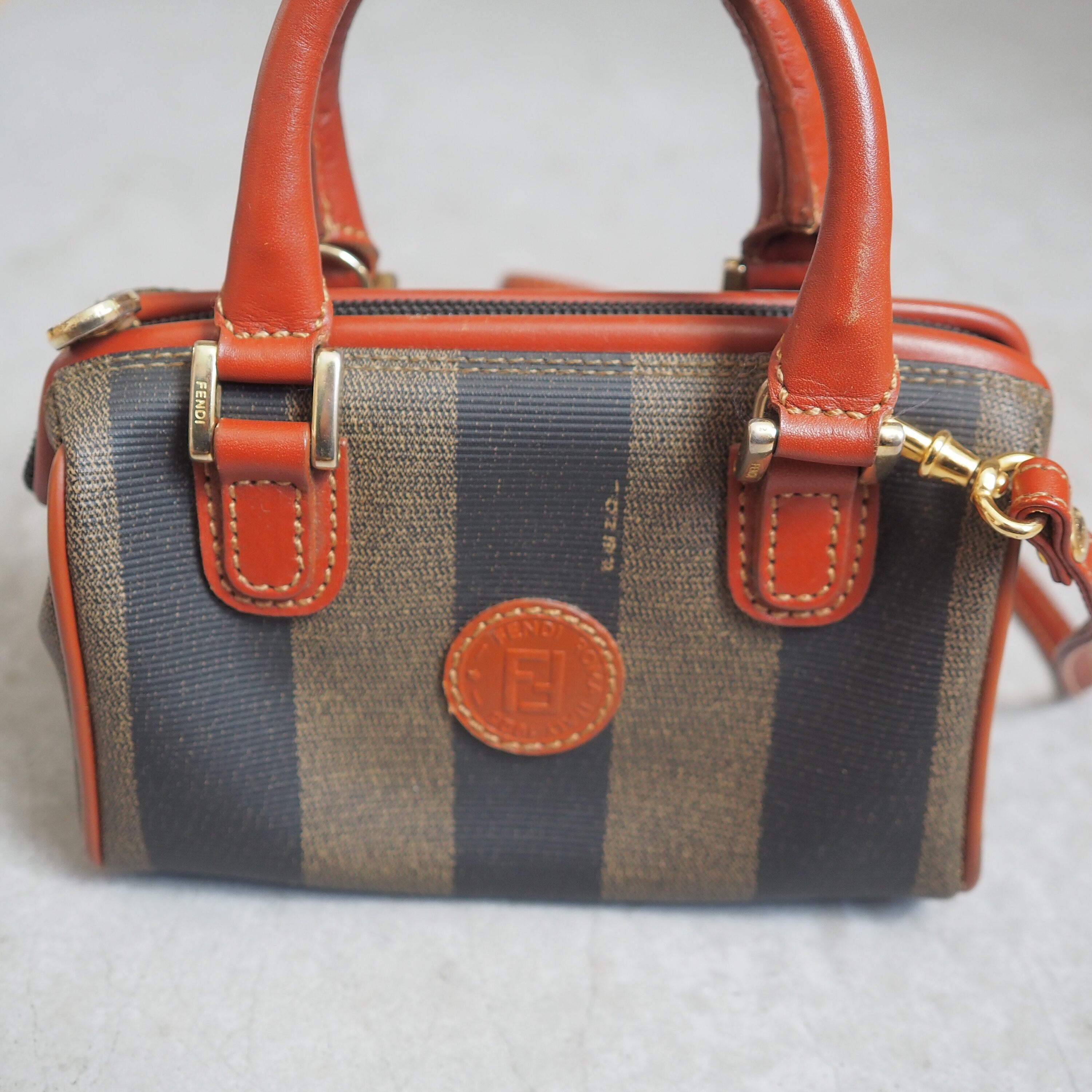 FENDI Pequin 2way Shoulder Mini Boston Hand Bag Brown PVC Leather Vintage Auth