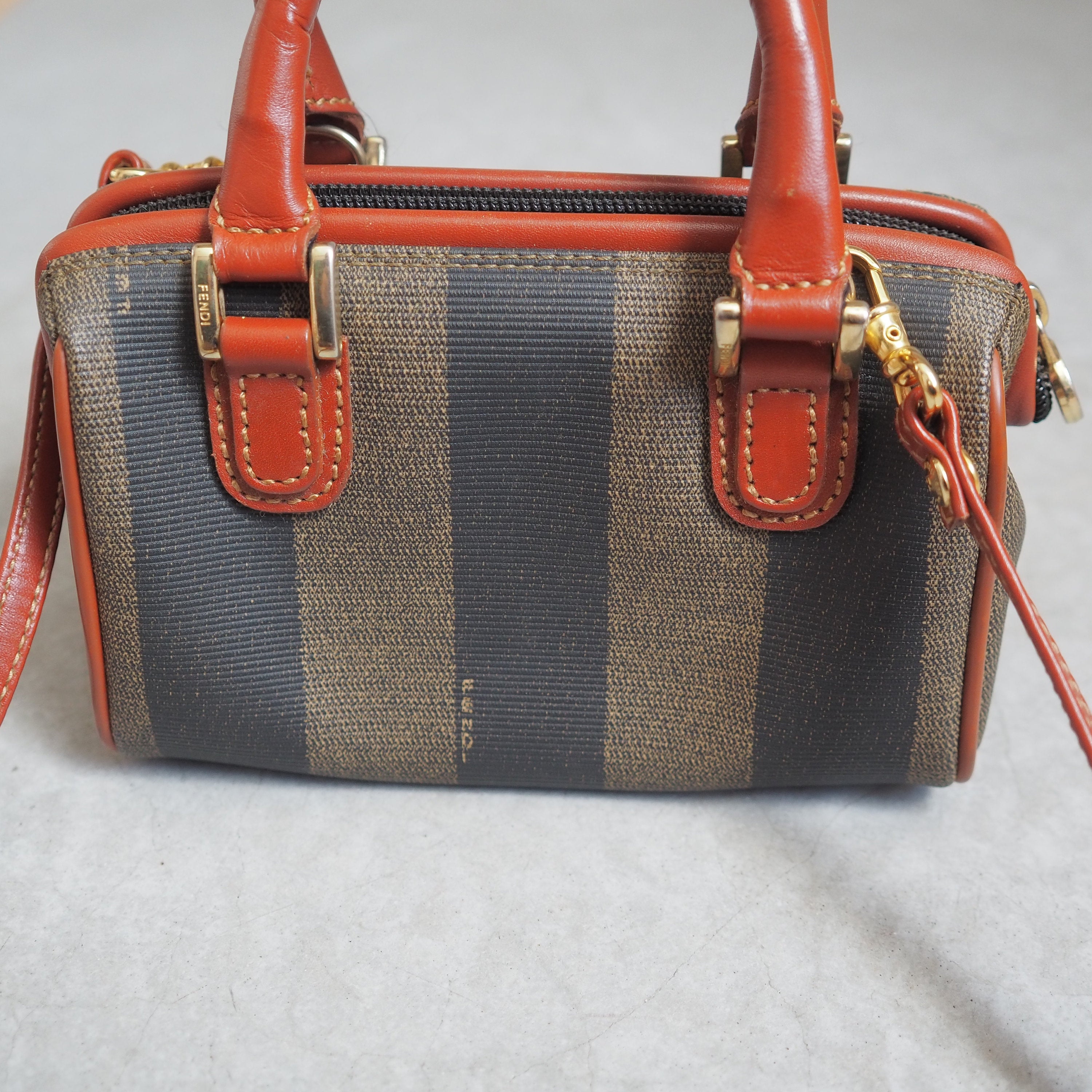 FENDI Pequin 2way Shoulder Mini Boston Hand Bag Brown PVC Leather Vintage Auth