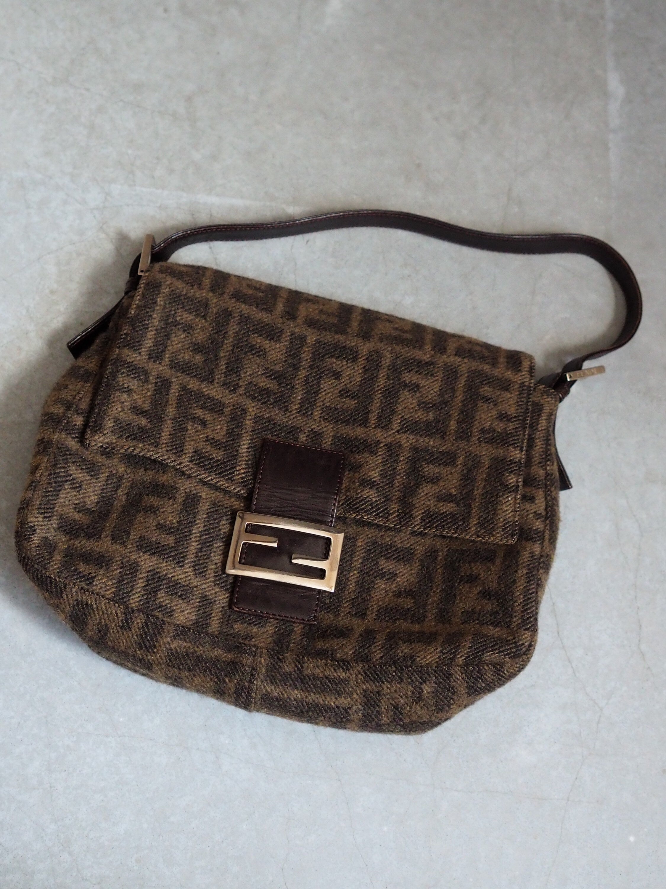 FENDI ZUCCA Mamma bucket Bag Wool Leather Brown Vintage Authentic