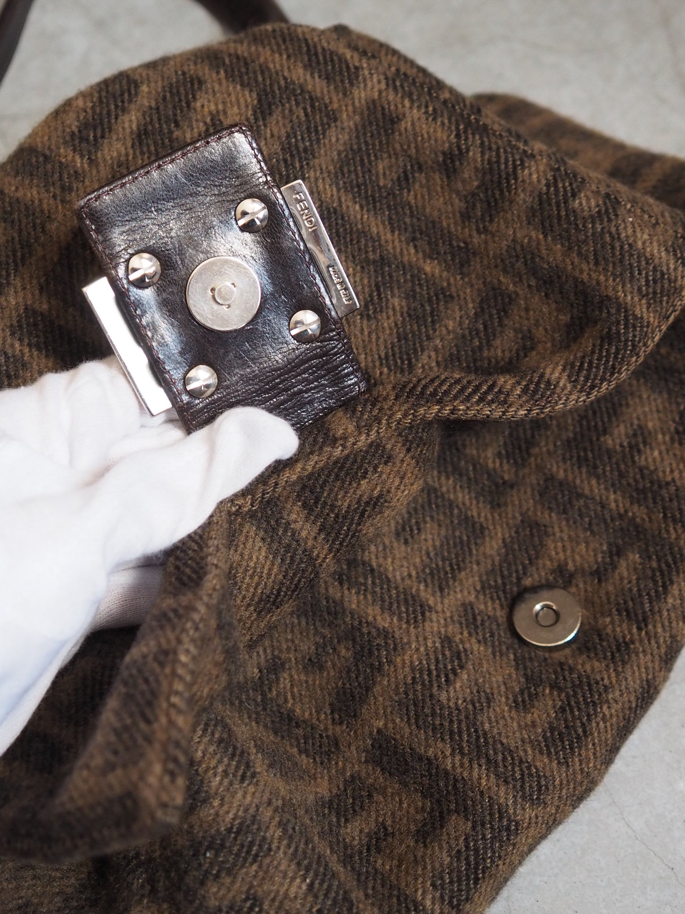 FENDI ZUCCA Mamma bucket Bag Wool Leather Brown Vintage Authentic