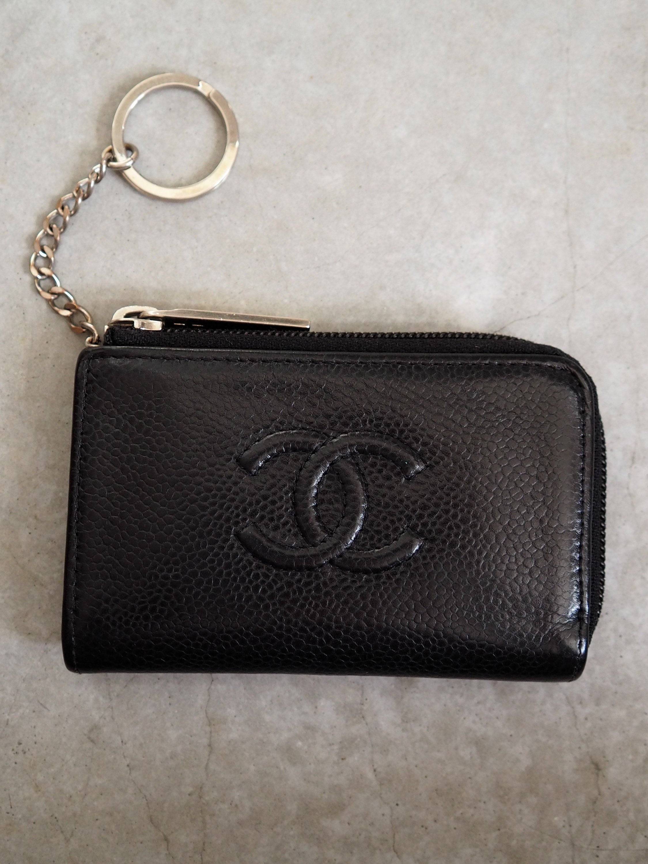 CHANEL COCO Coin Case Purse Key Chain Caviar Skin Leather Black Authentic Vintage