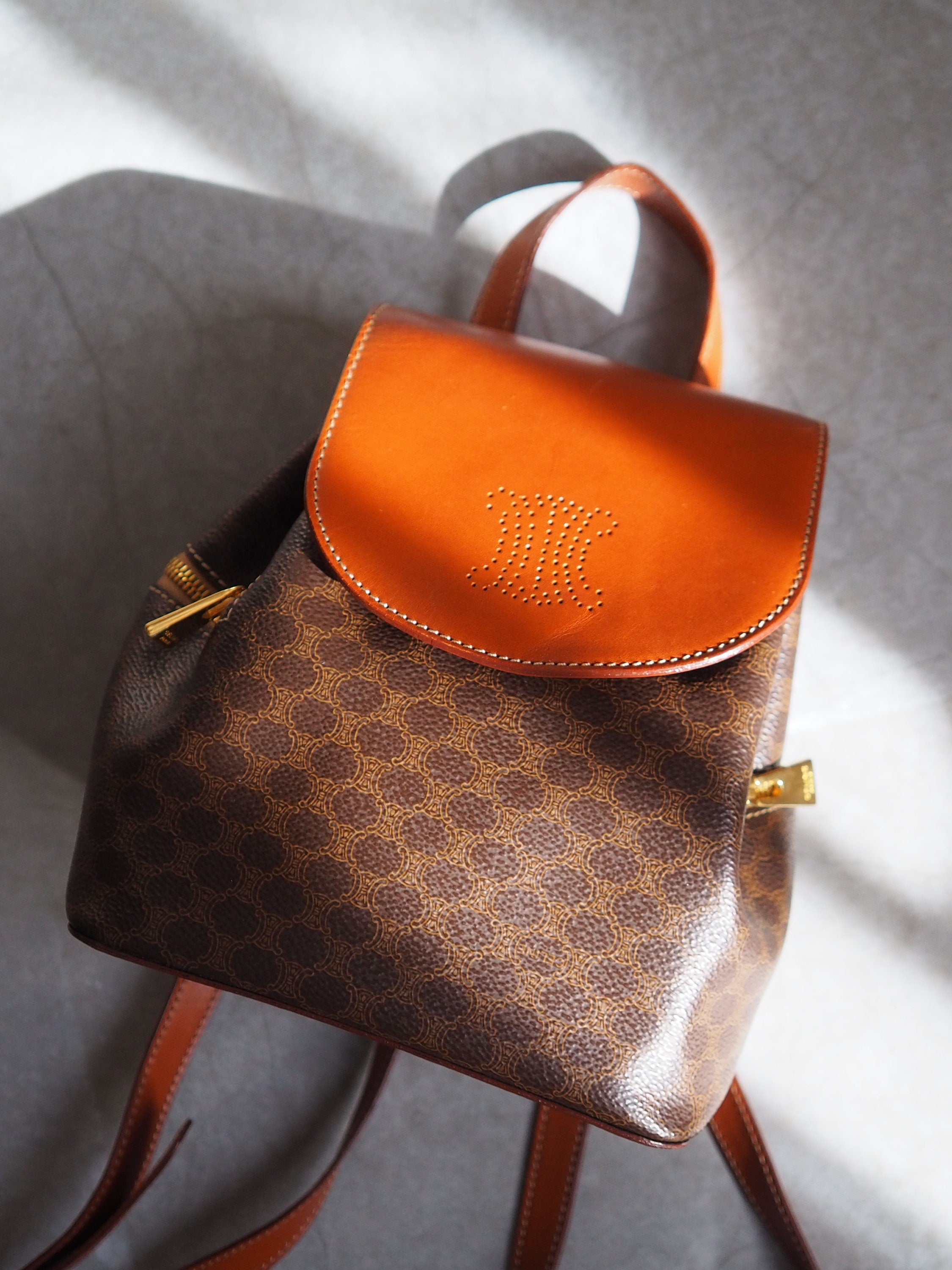 CELINE Macadam Backpack Bag Brown Leather PVC Vintage Authentic