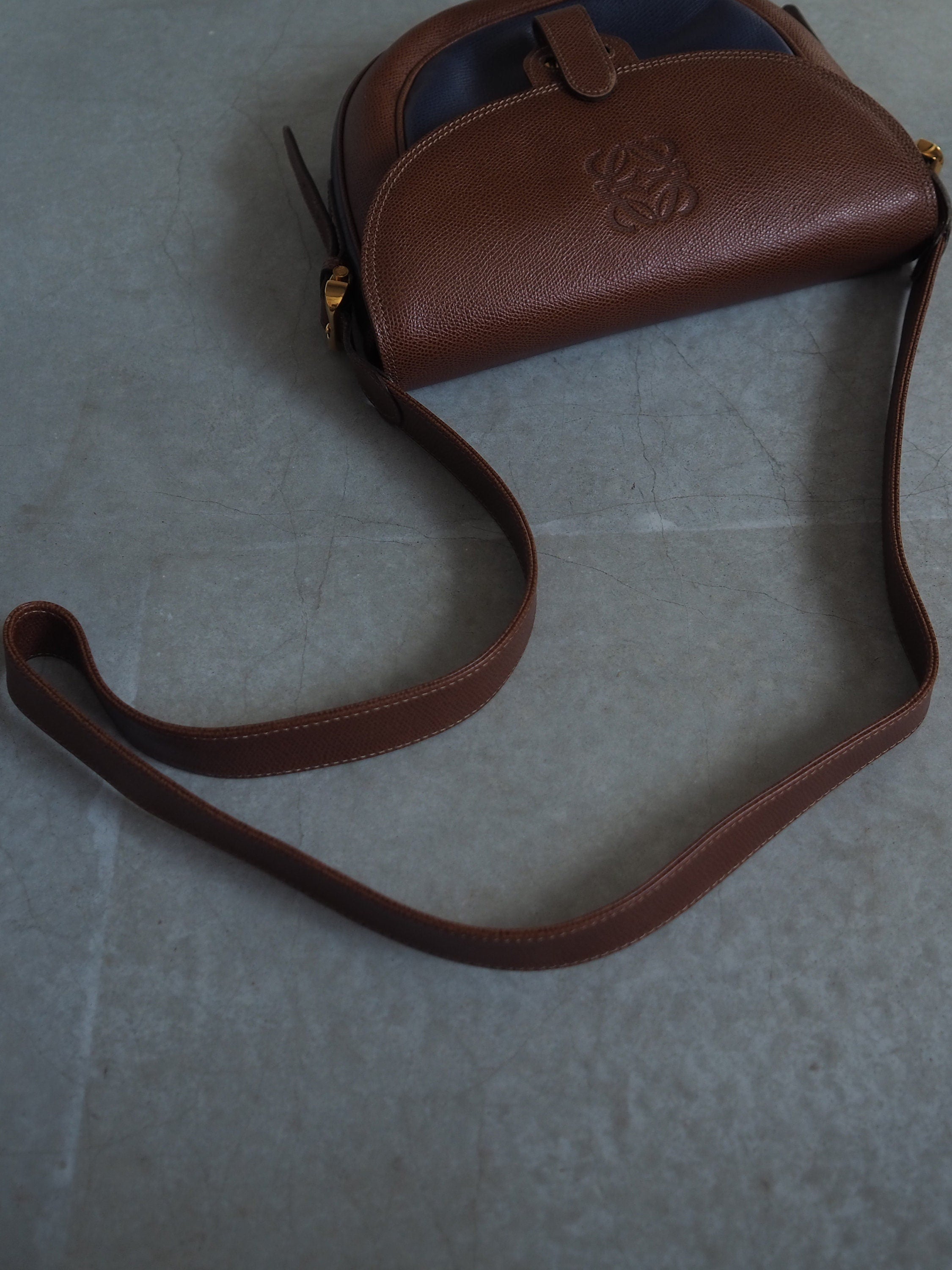 LOEWE Anagram Shoulder Bag Brown Blue Leather Vintage Authentic