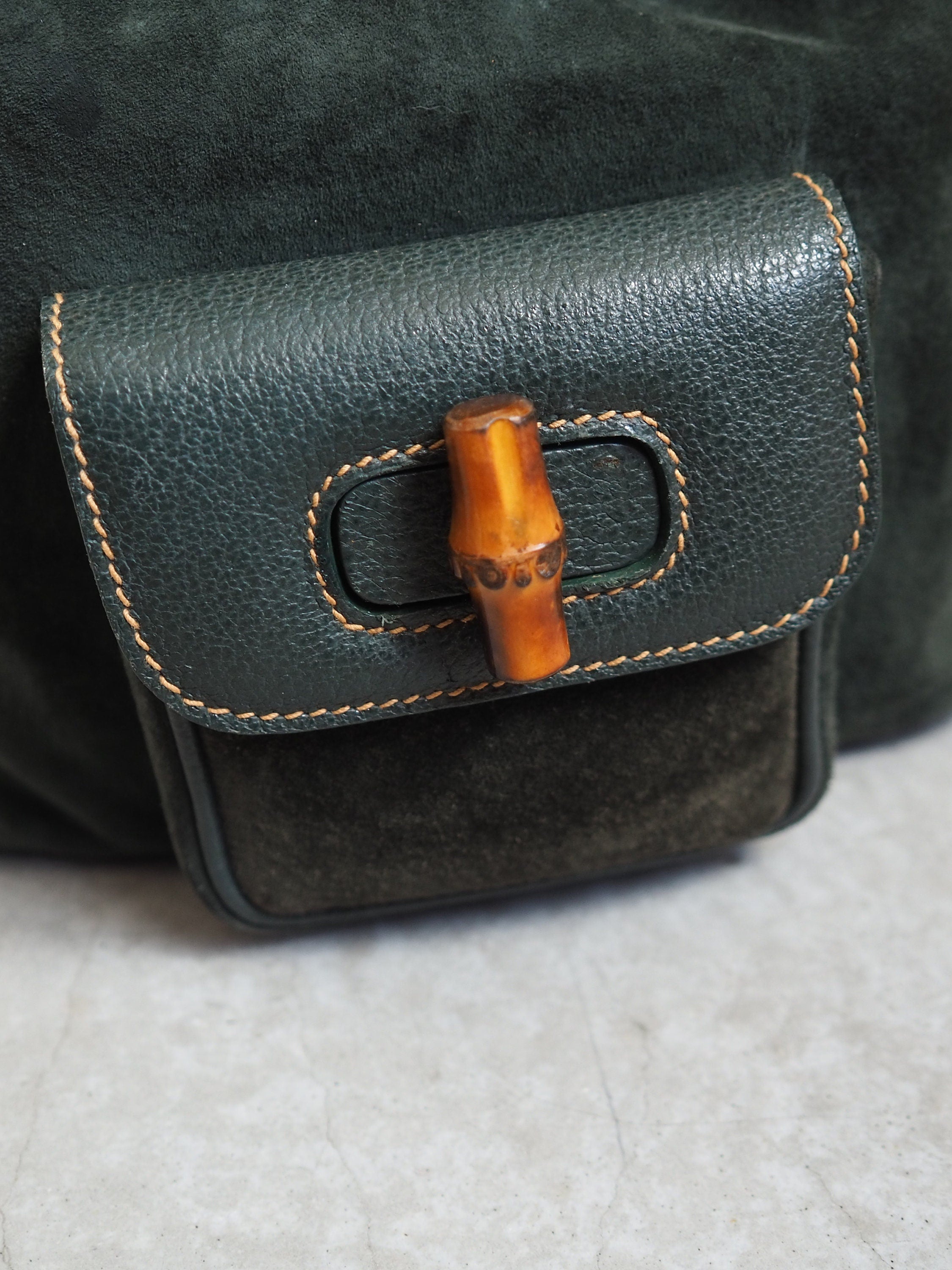 GUCCI Bamboo Backpack Bag Suede Green Vintage Authentic