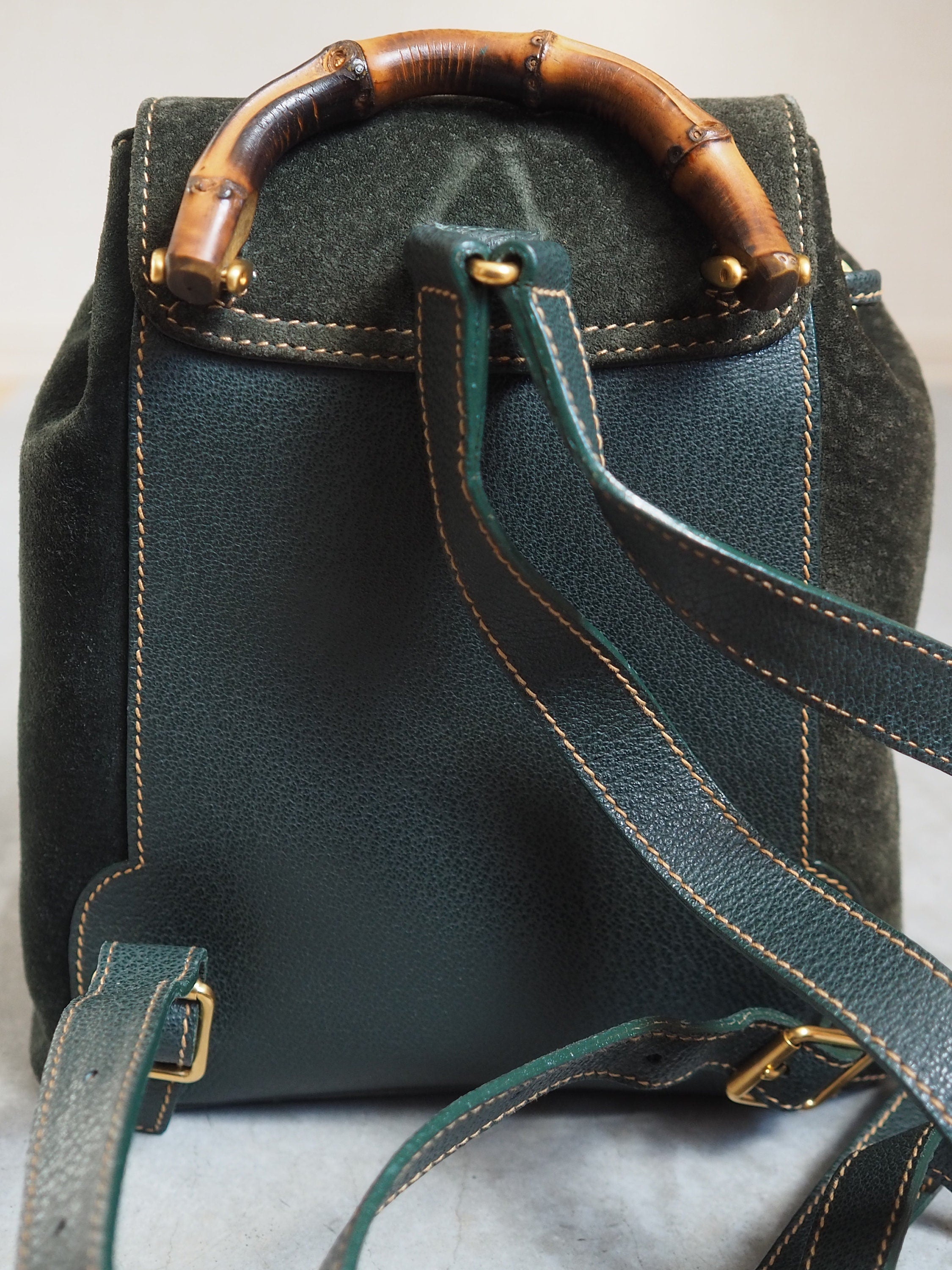 GUCCI Bamboo Backpack Bag Suede Green Vintage Authentic