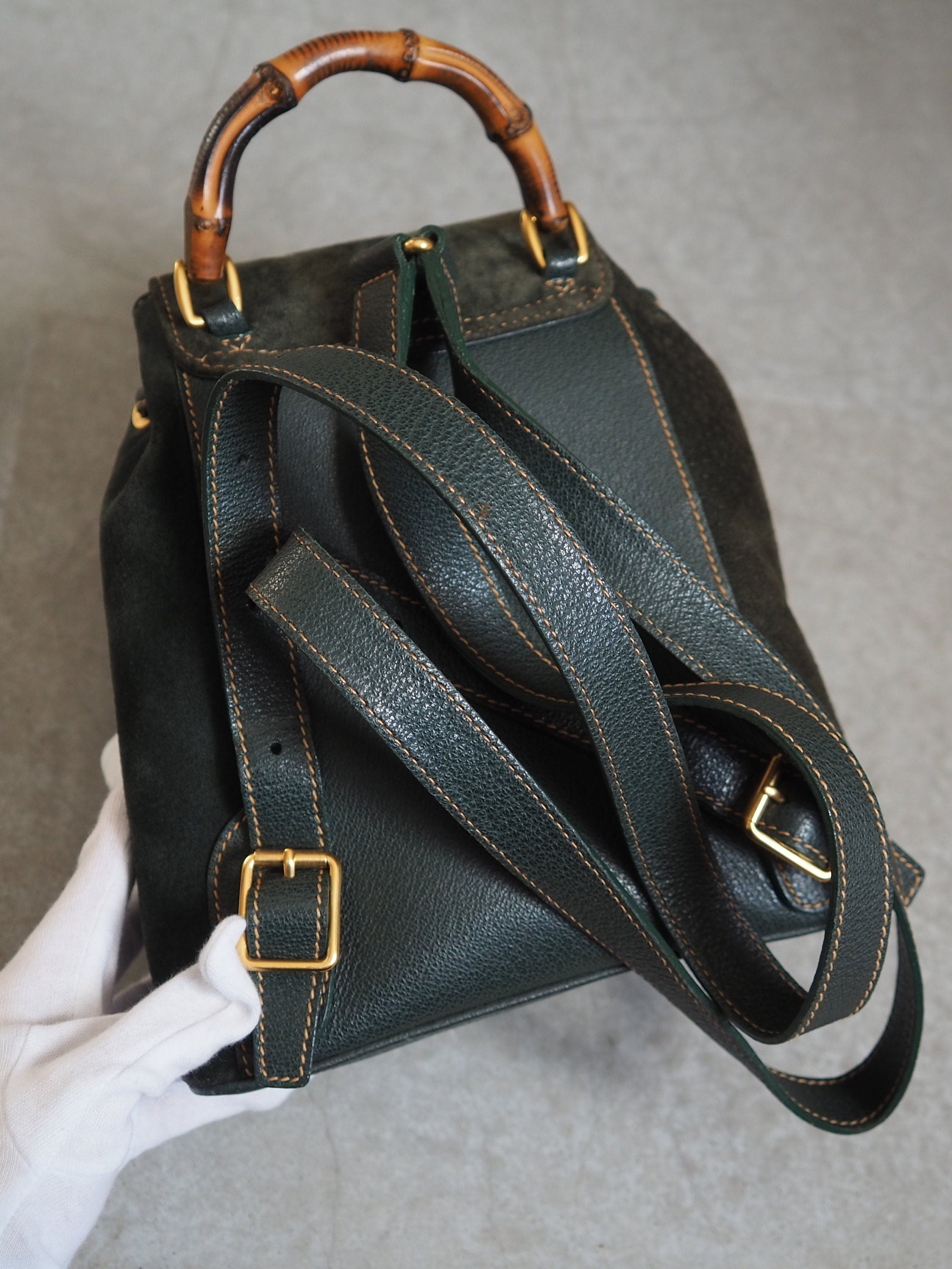 GUCCI Bamboo Backpack Bag Suede Green Vintage Authentic