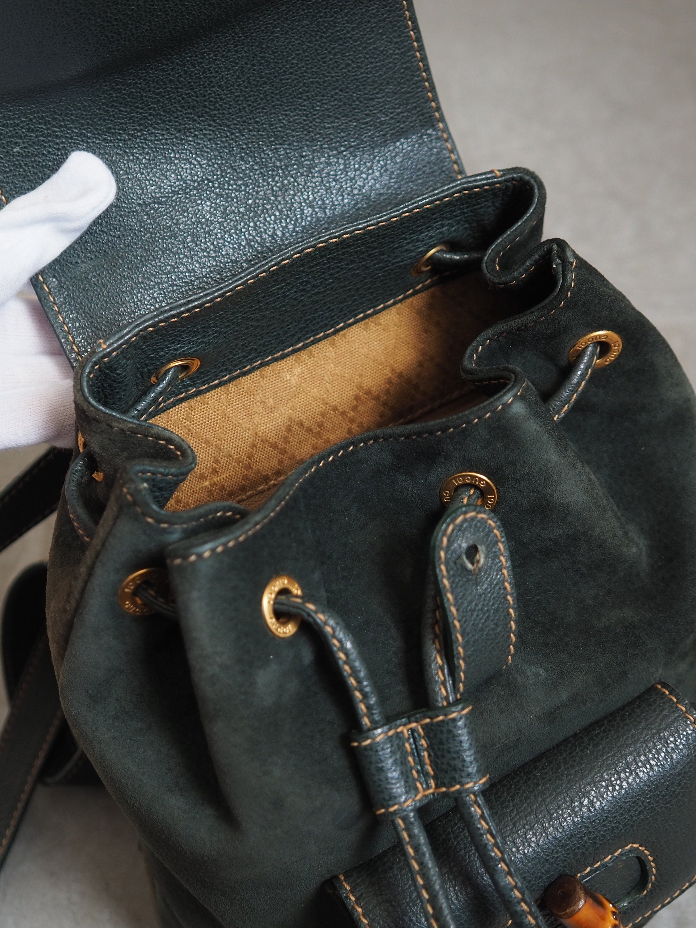 GUCCI Bamboo Backpack Bag Suede Green Vintage Authentic