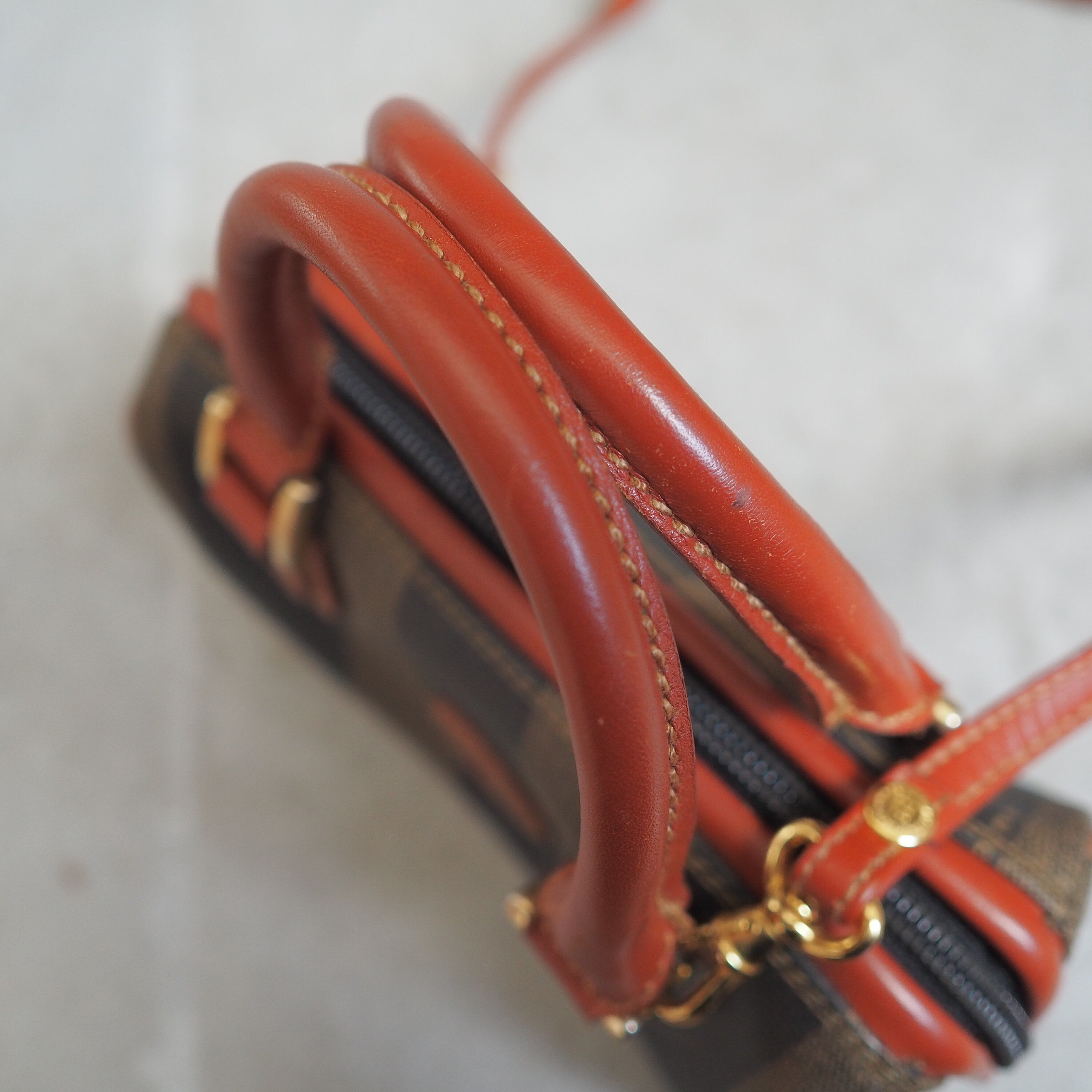 FENDI Pequin 2way Shoulder Mini Boston Hand Bag Brown PVC Leather Vintage Auth