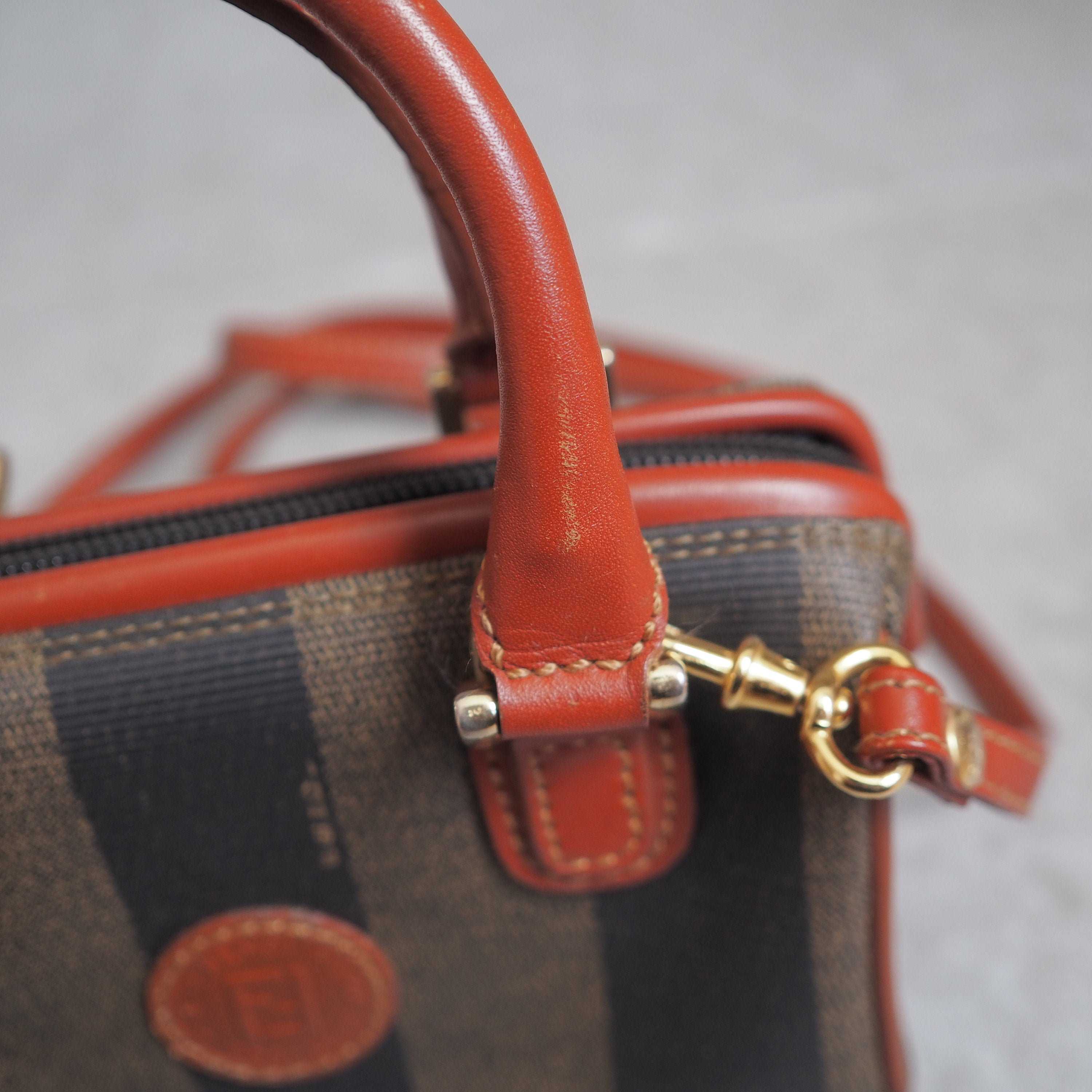 FENDI Pequin 2way Shoulder Mini Boston Hand Bag Brown PVC Leather Vintage Auth