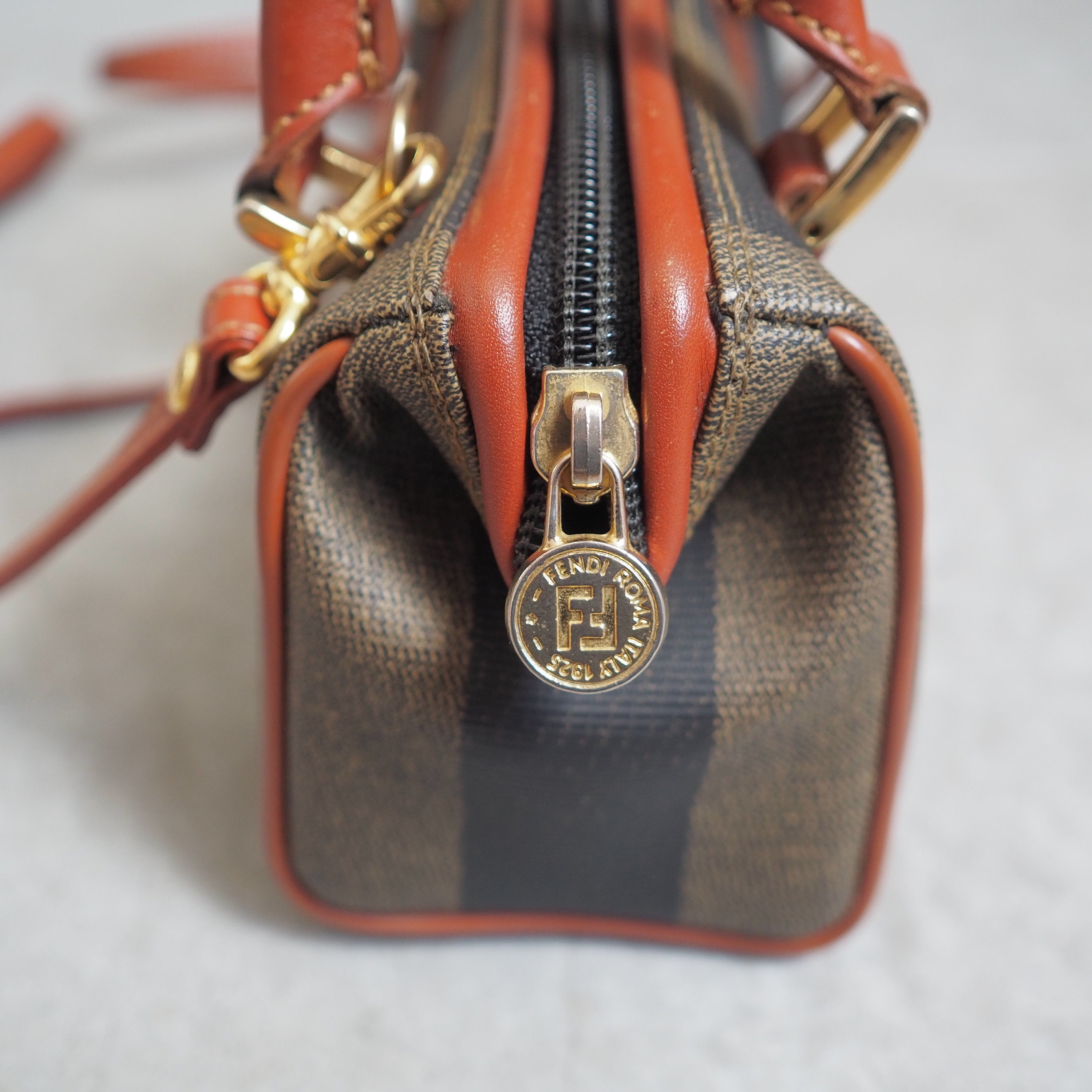 FENDI Pequin 2way Shoulder Mini Boston Hand Bag Brown PVC Leather Vintage Auth