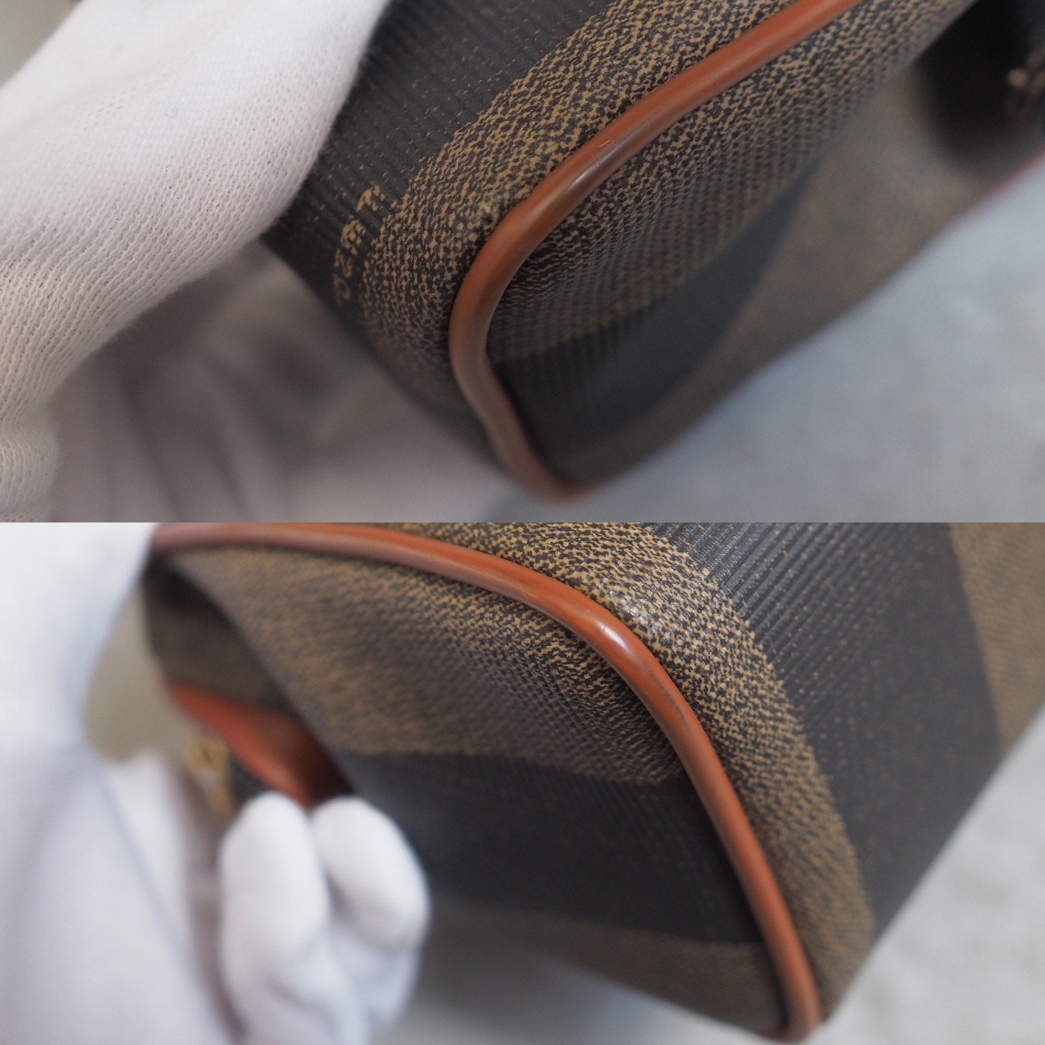 FENDI Pequin 2way Shoulder Mini Boston Hand Bag Brown PVC Leather Vintage Auth