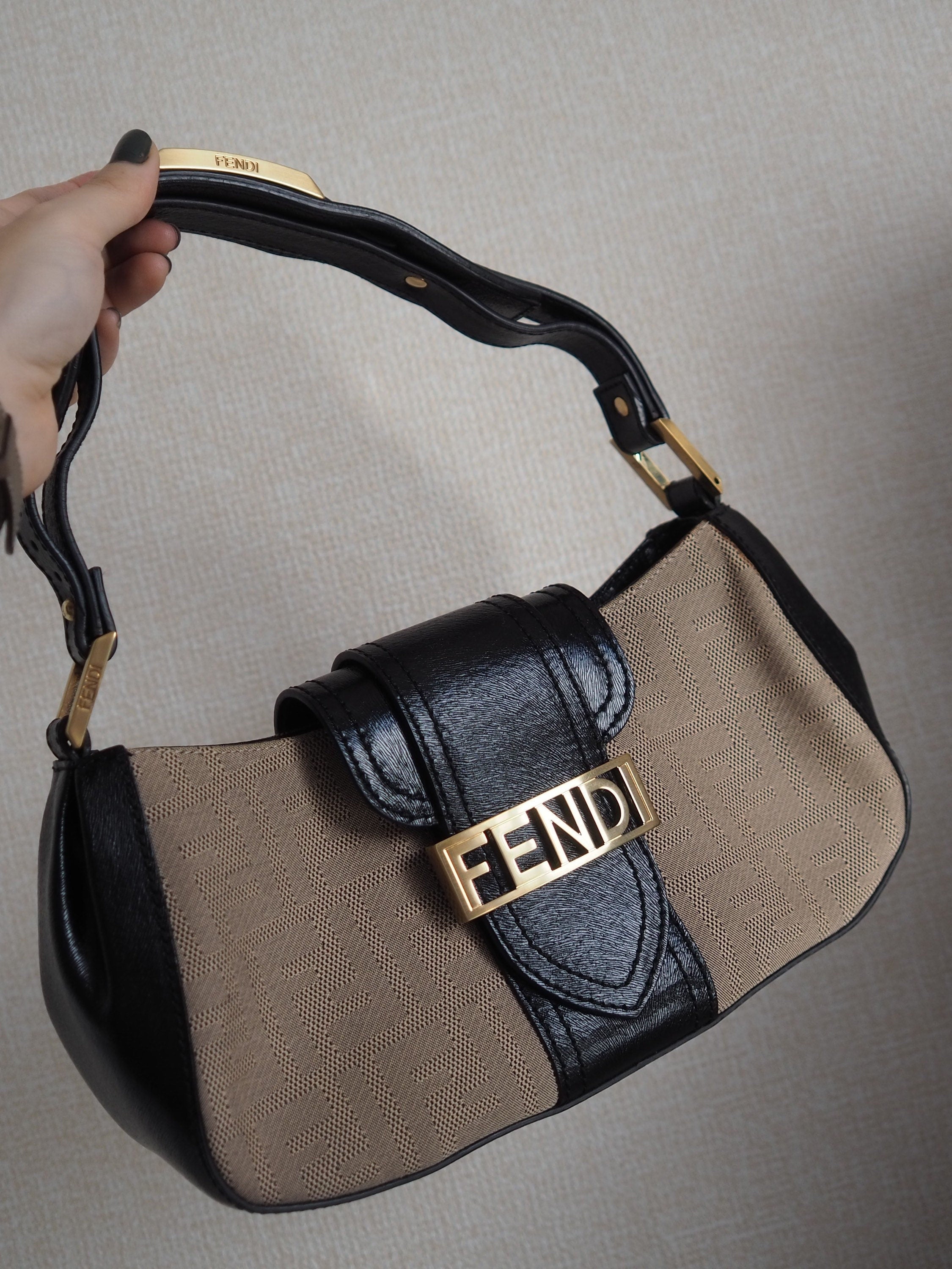 FENDI Zucca Logo Hand Shoulder Bag Canvas Leather Vintage Authentic