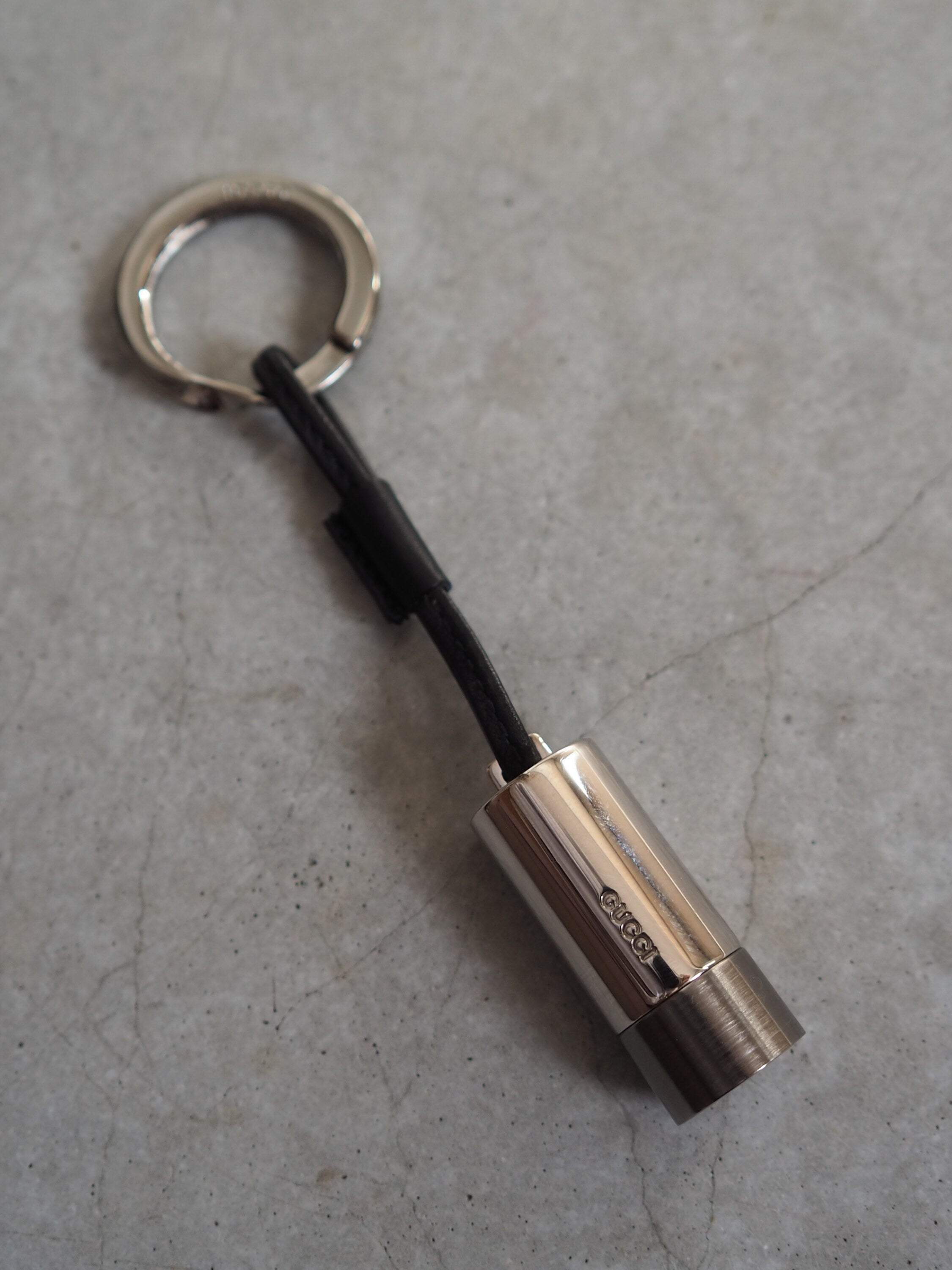 GUCCI Pill Case Key Ring Silver Metal Black Leather Box Old Vintage Authentic