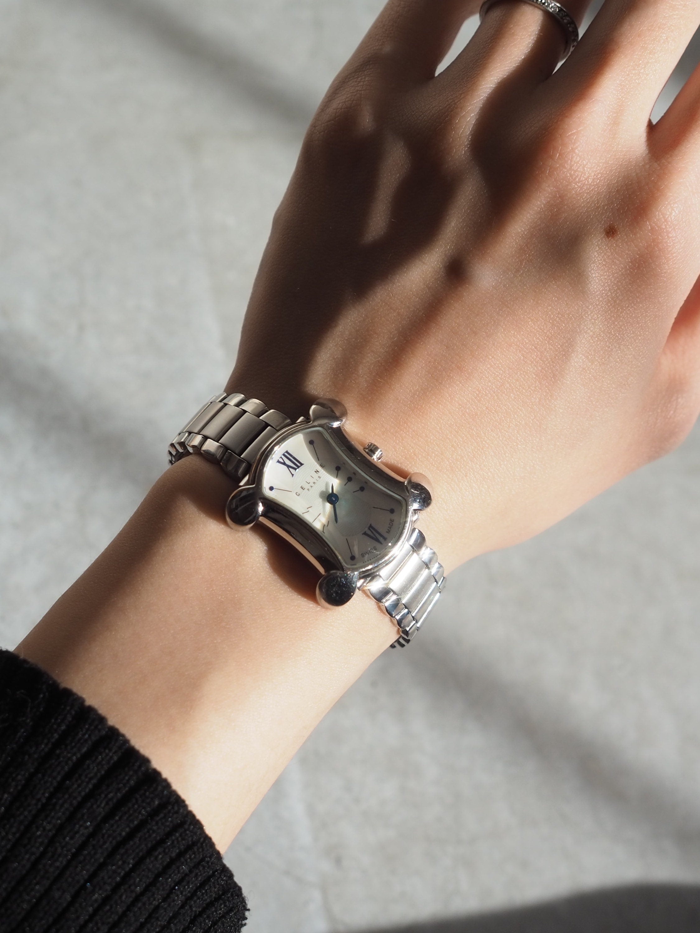 CELINE Watch Wristwatch Macadam Face Silver Color Stainless Steel Quartz Vintage Authentic