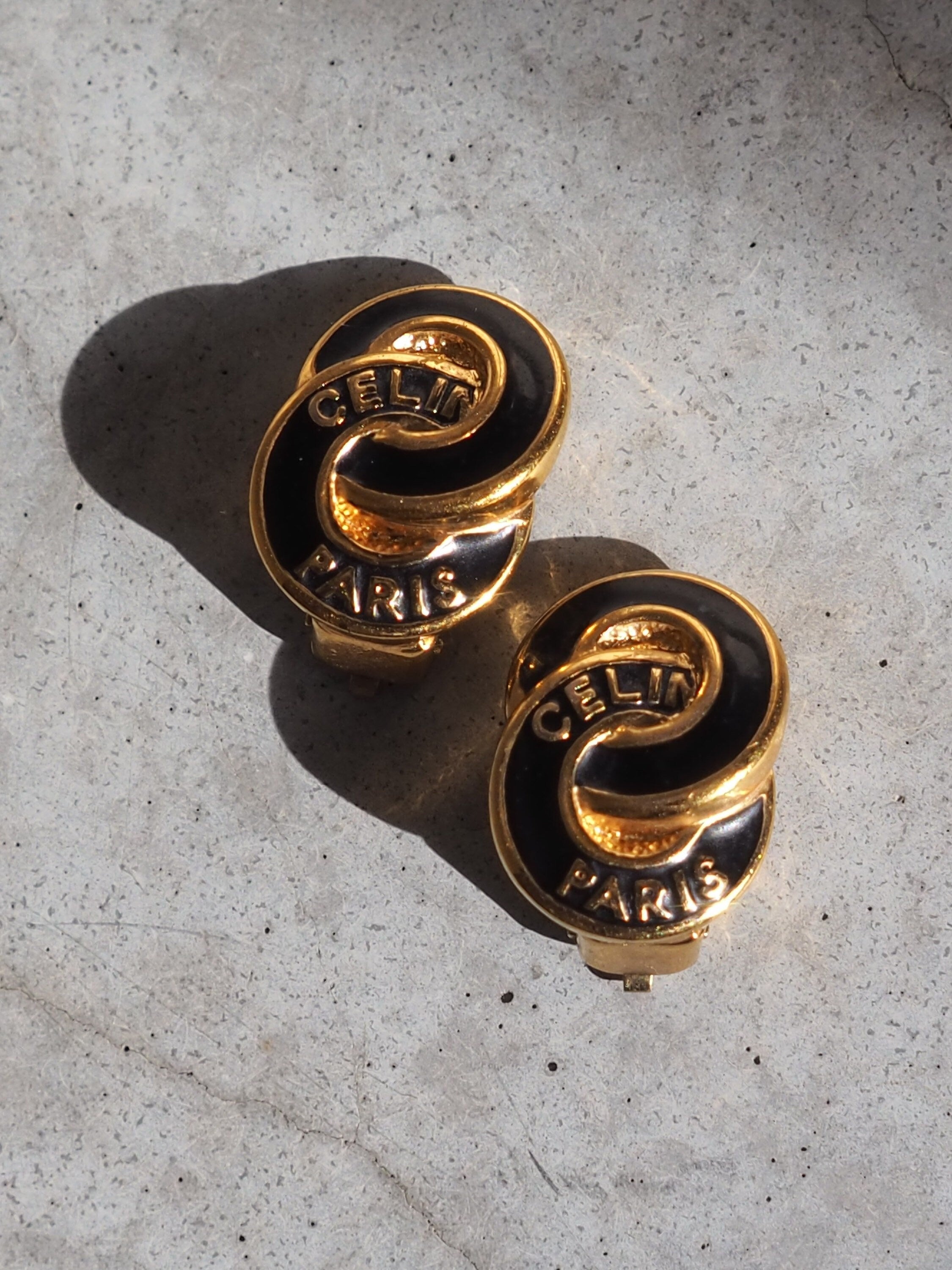 CELINE Circle Logo Earrings Metal Gold Black Vintage Authentic