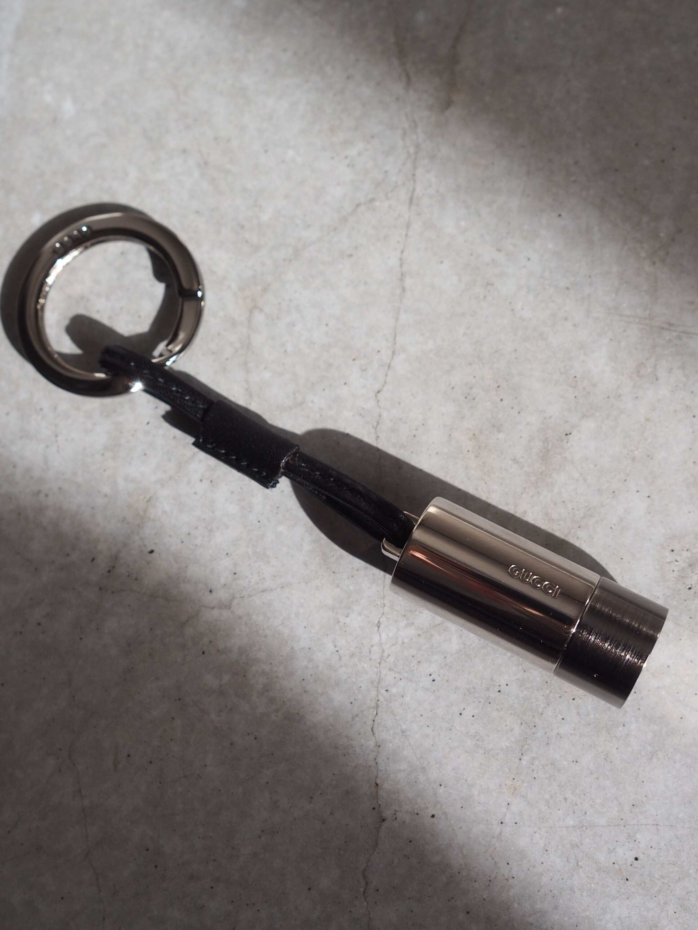 GUCCI Pill Case Key Ring Silver Metal Black Leather Box Old Vintage Authentic