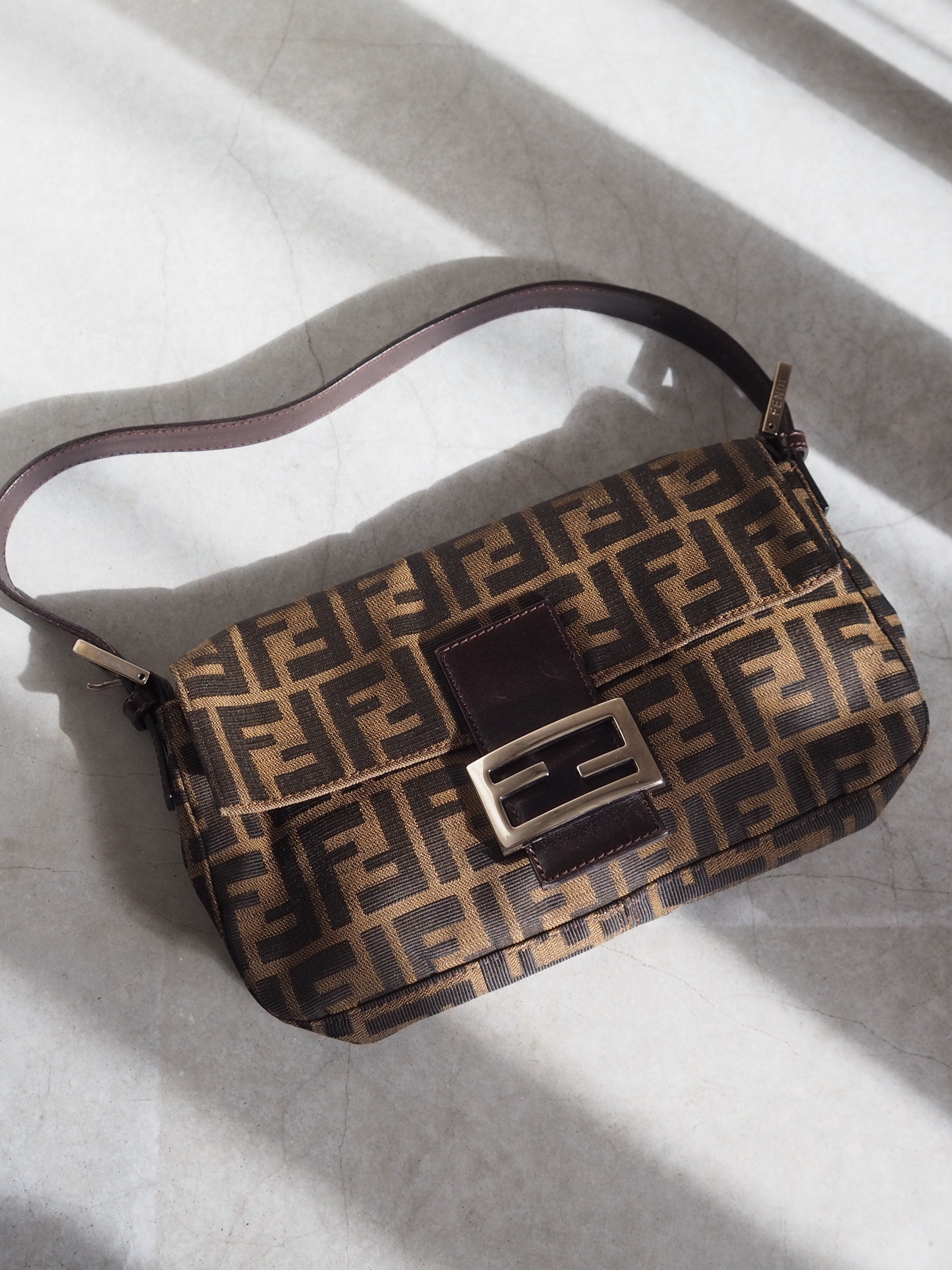 FENDI Zucca Canvas Leather mamma bucket Bag Brown Authentic