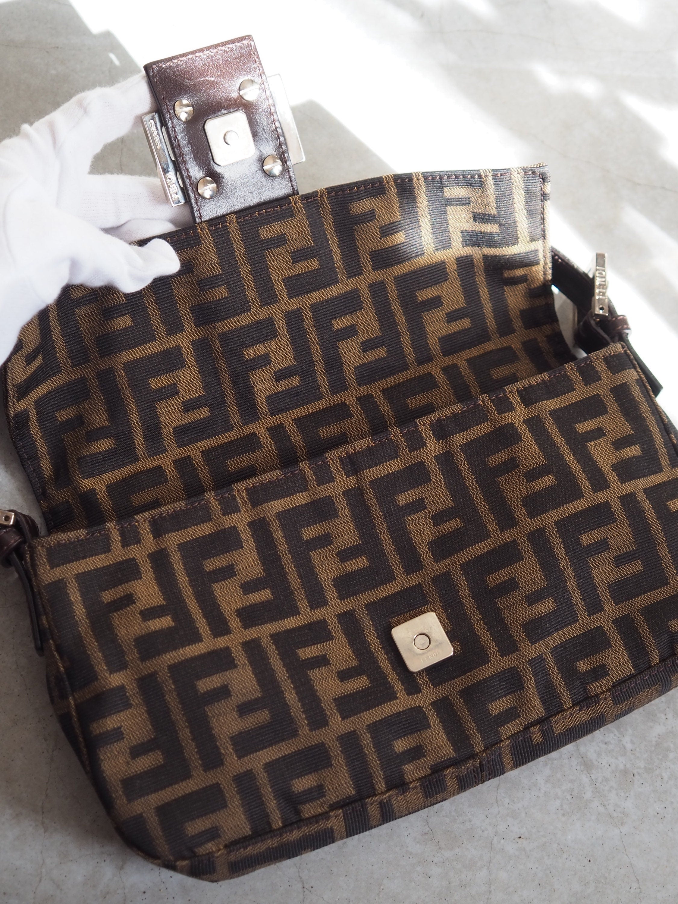 FENDI Zucca Canvas Leather mamma bucket Bag Brown Authentic