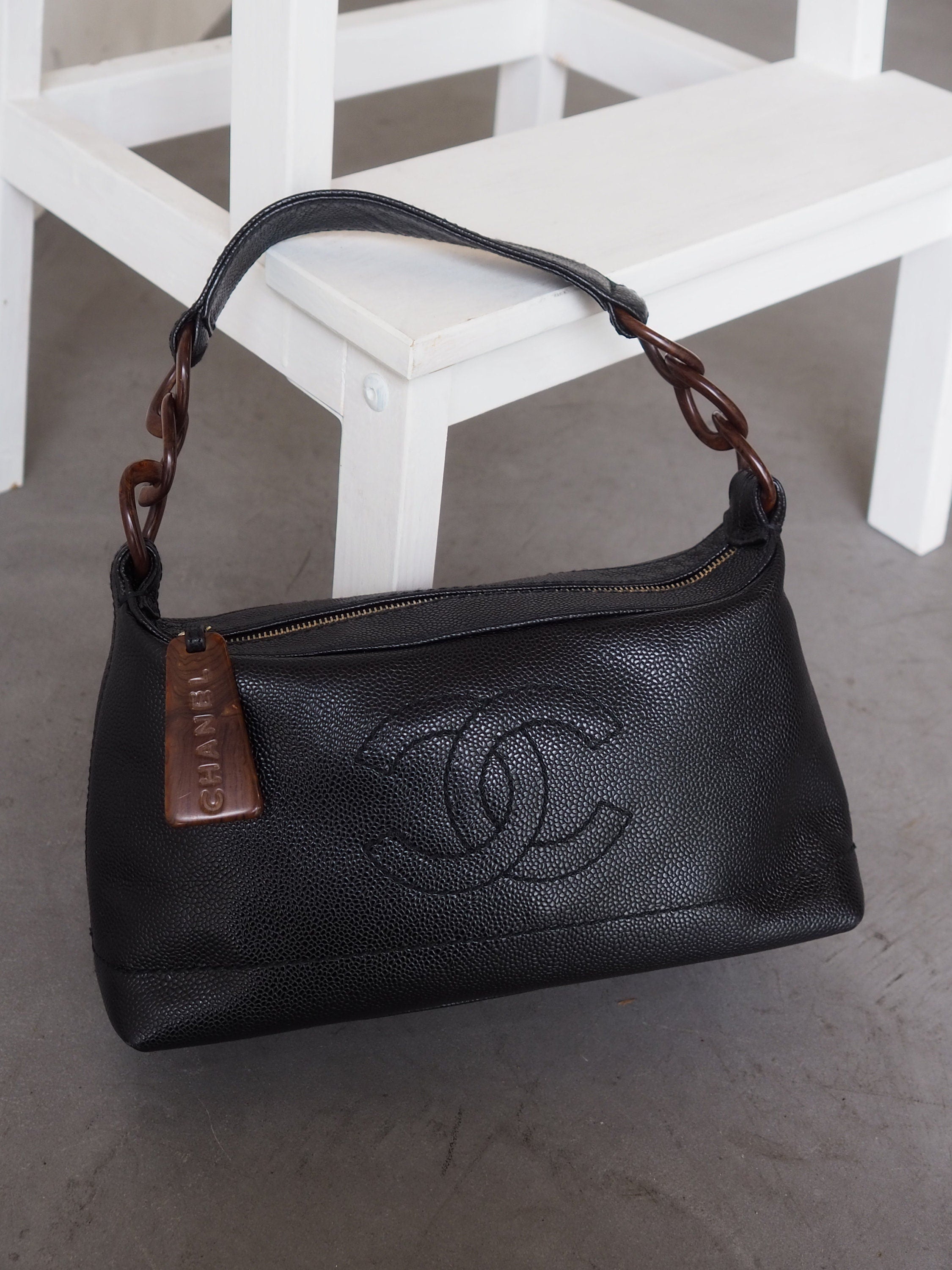 CHANEL Wood Handle Caviar Skin CC Logo Hand Bag Black Vintage Authentic