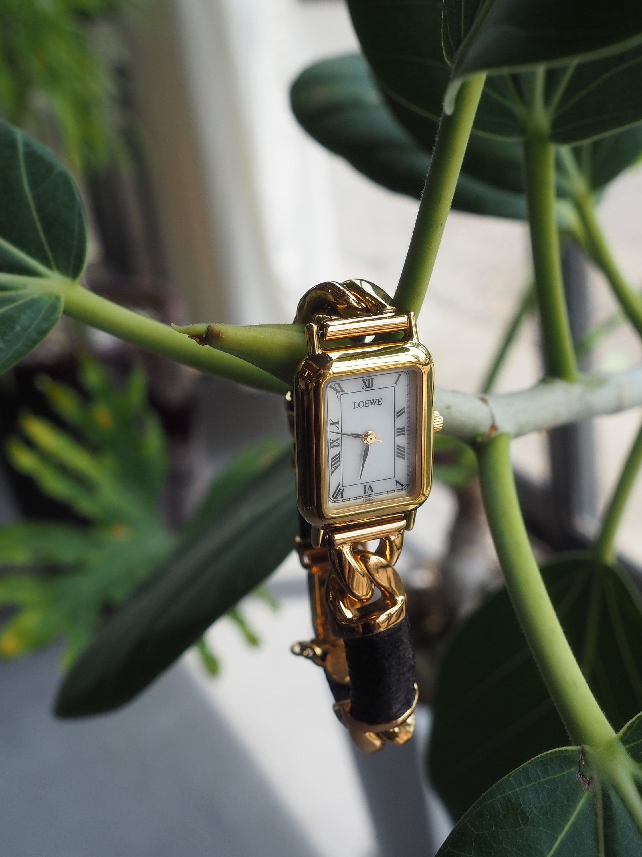 LOEWE Watch Wristwatch 150th Anniversary Gold Metal Steel Black Leather Quartz Vintage Authentic