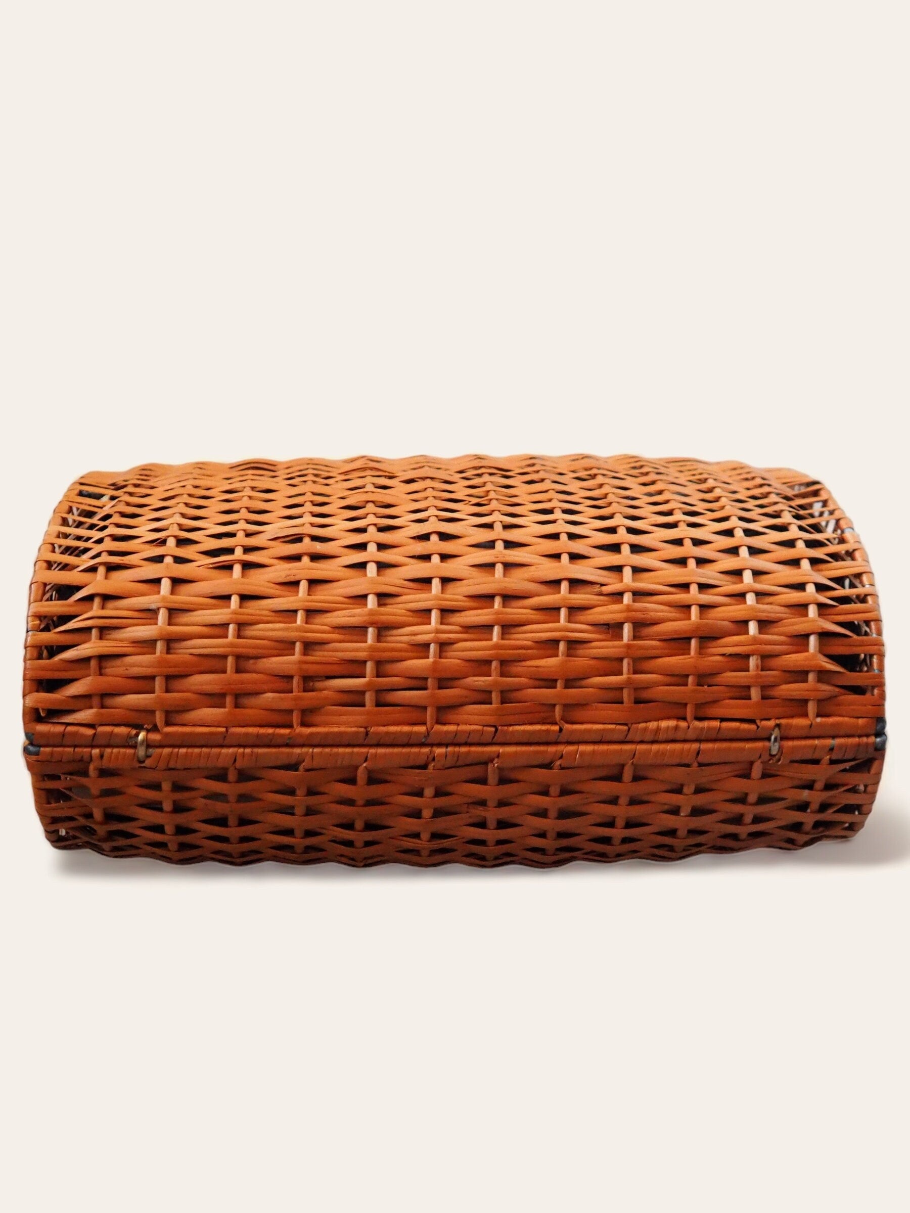 FENDI ZUCCA Rattan Basket Bag Cylindrical Handbag Brown Leather Vintage Authentic