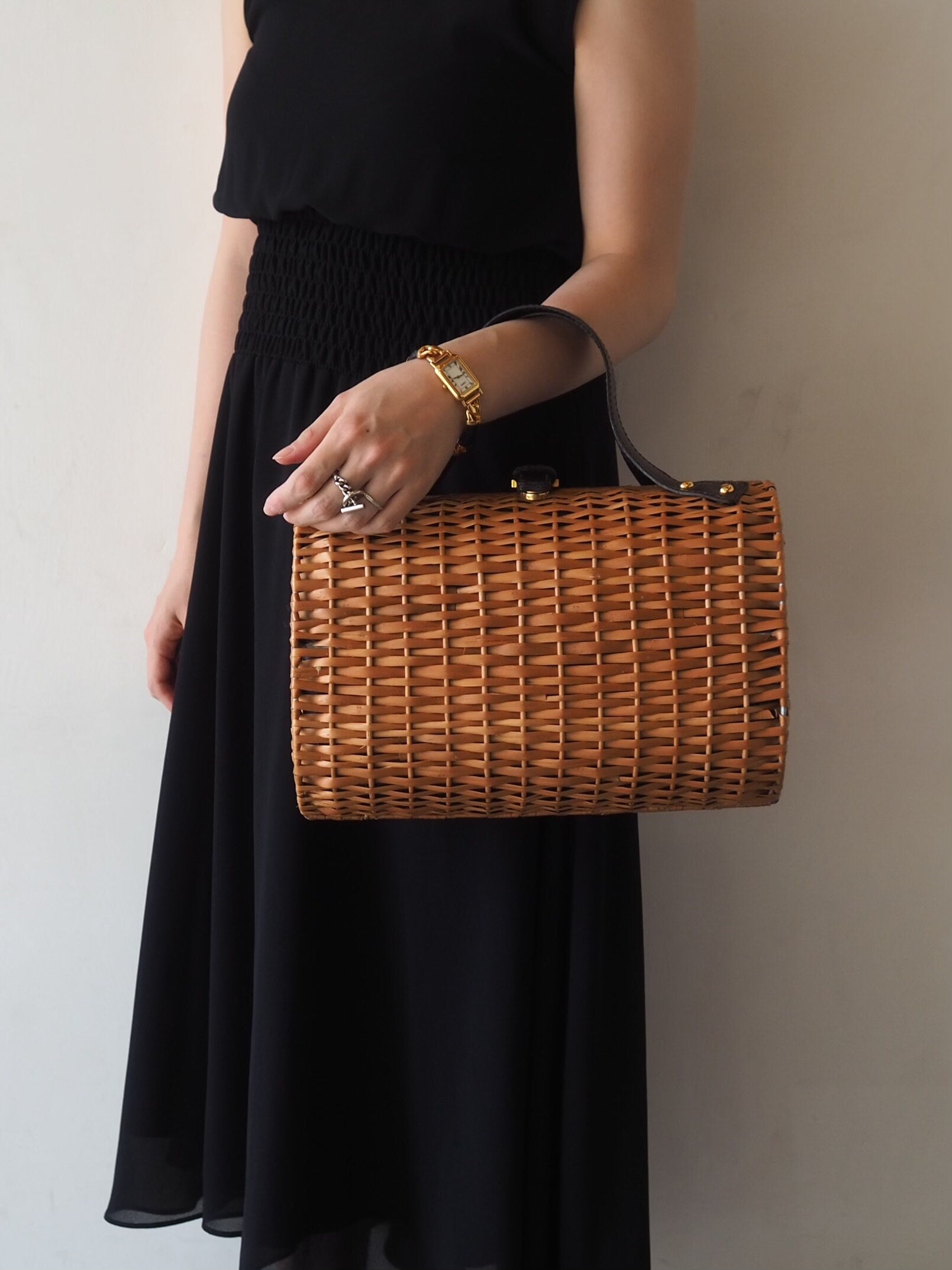 FENDI ZUCCA Rattan Basket Bag Cylindrical Handbag Brown Leather Vintage Authentic