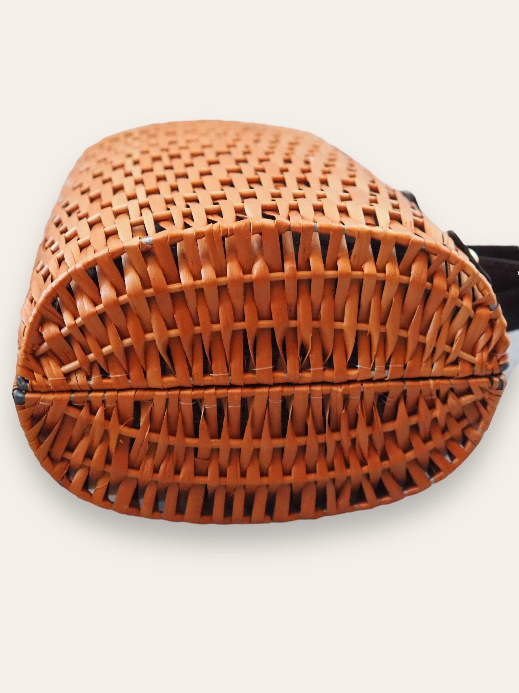 FENDI ZUCCA Rattan Basket Bag Cylindrical Handbag Brown Leather Vintage Authentic