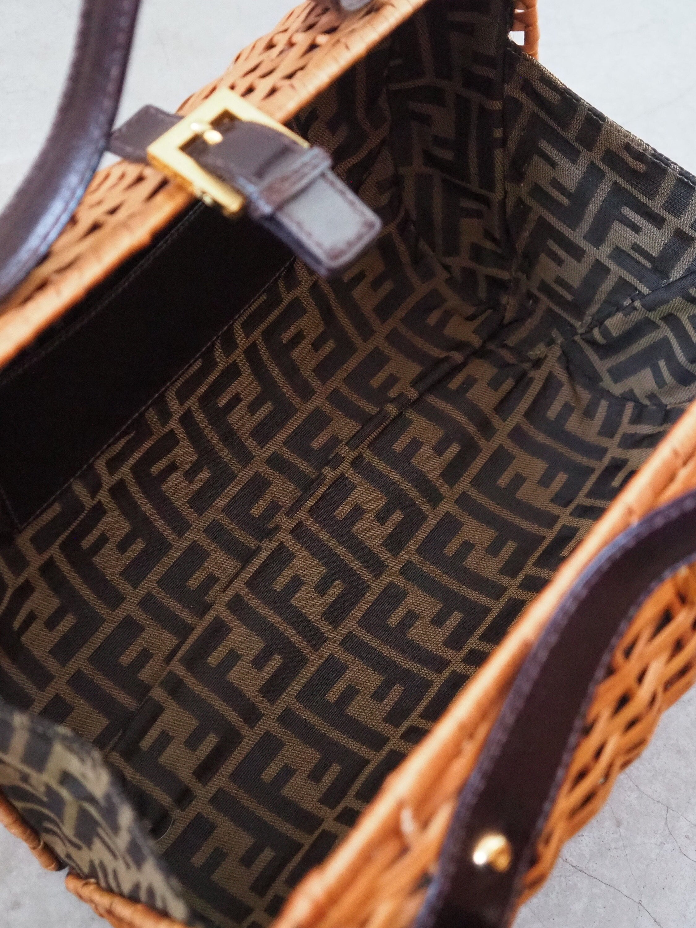 FENDI ZUCCA Rattan Basket Bag Cylindrical Handbag Brown Leather Vintage Authentic