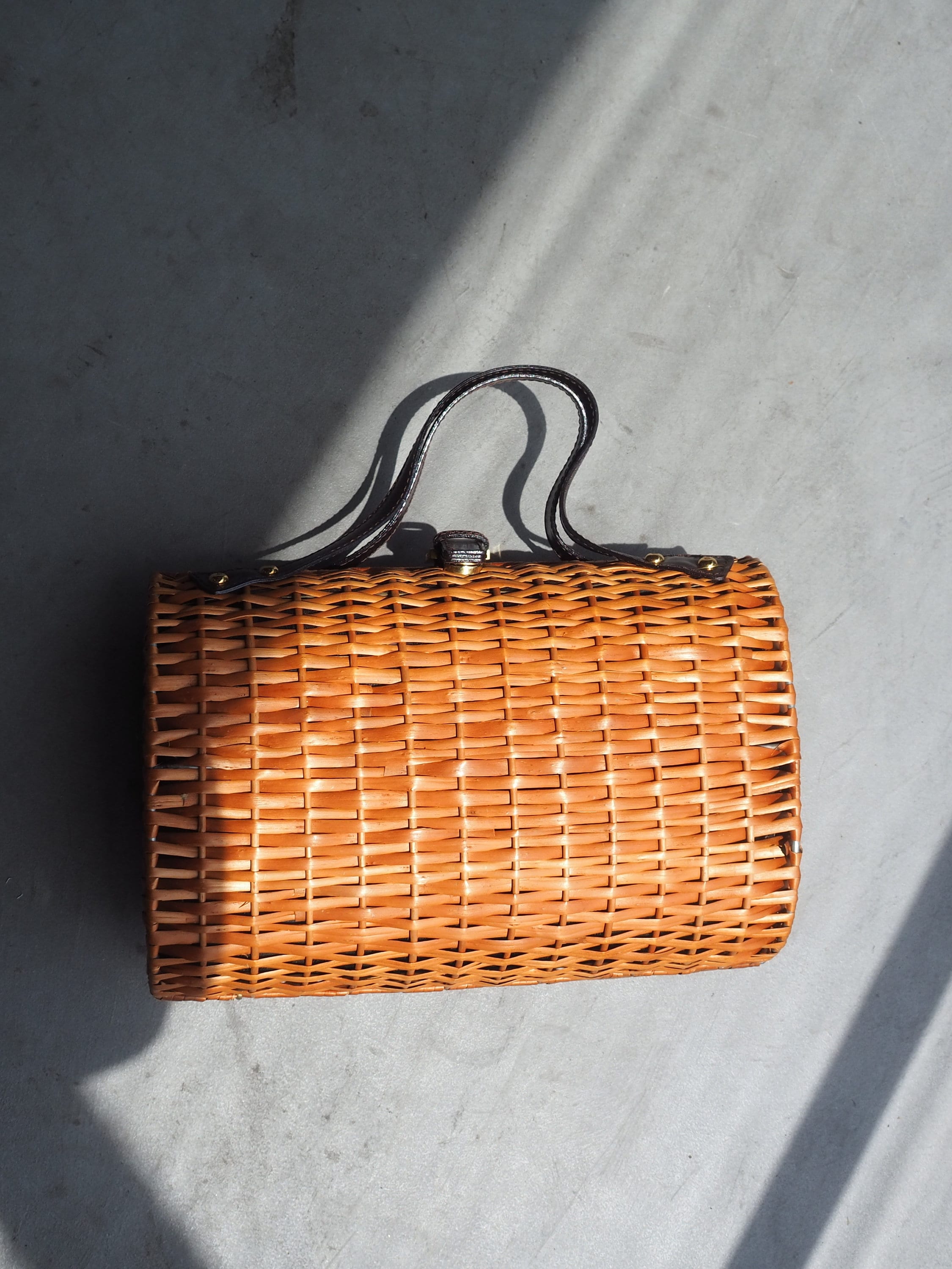 FENDI ZUCCA Rattan Basket Bag Cylindrical Handbag Brown Leather Vintage Authentic