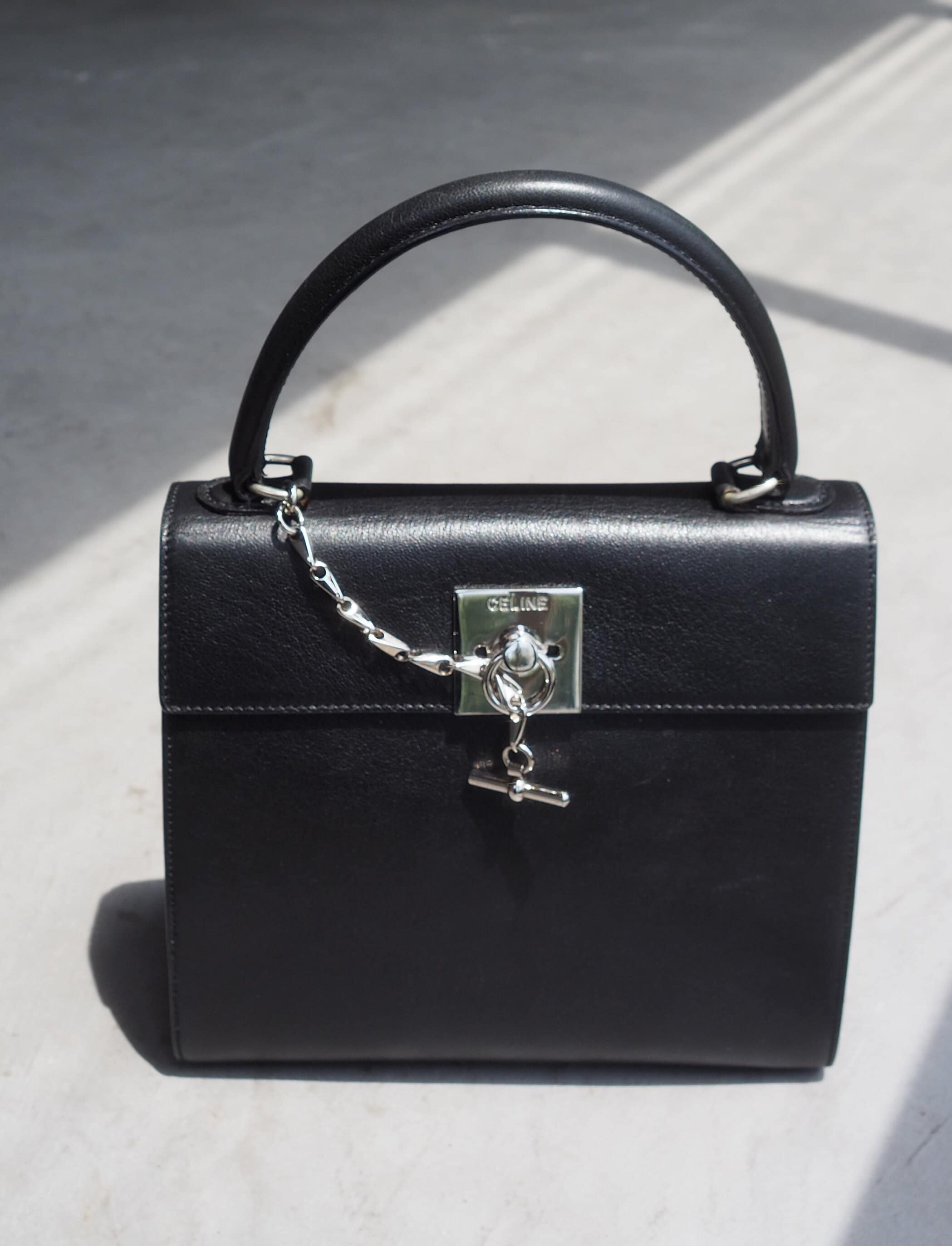 CELINE Kelly 2way Shoulder Hand Bag Black Silver Authentic Vintage Classical