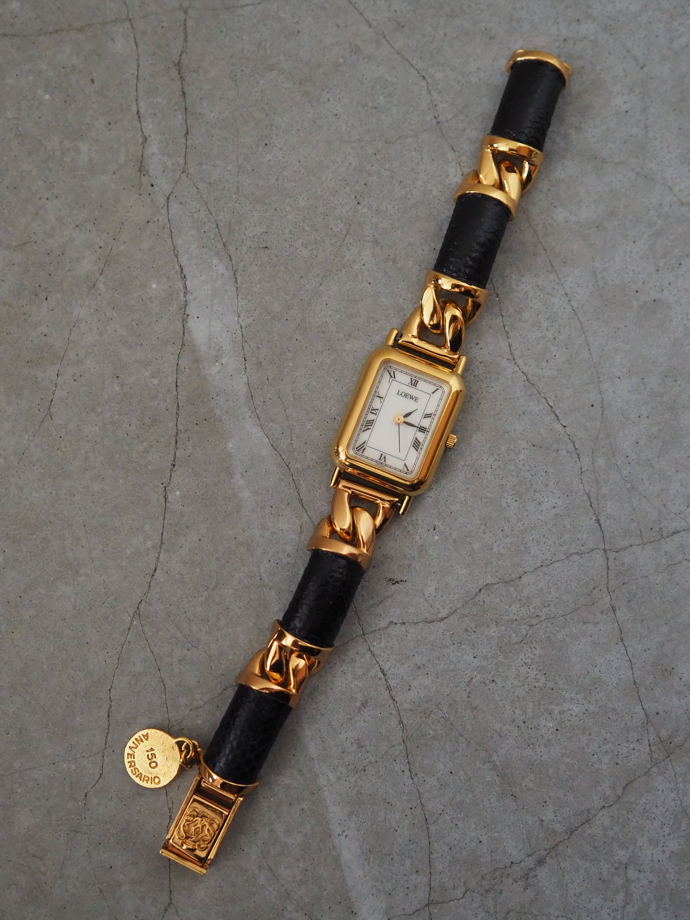 LOEWE Watch Wristwatch 150th Anniversary Gold Metal Steel Black Leather Quartz Vintage Authentic
