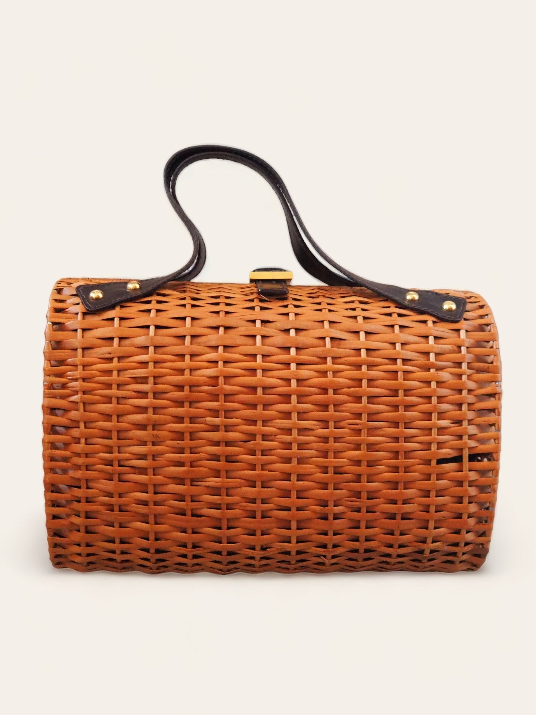 FENDI ZUCCA Rattan Basket Bag Cylindrical Handbag Brown Leather Vintage Authentic