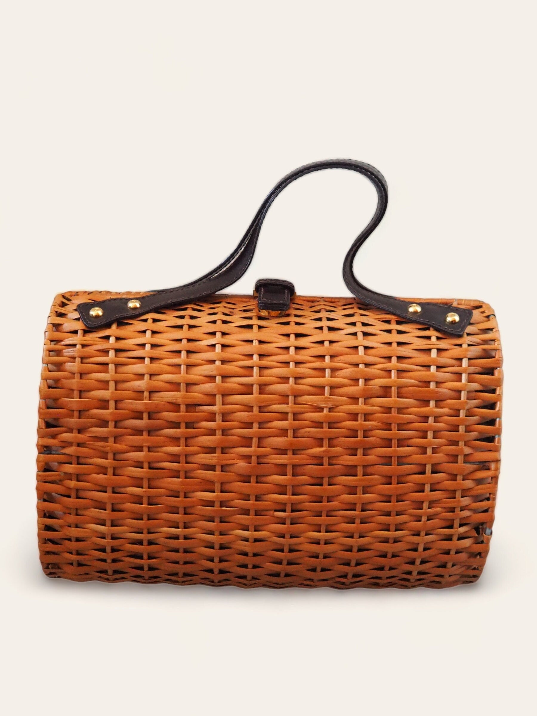 FENDI ZUCCA Rattan Basket Bag Cylindrical Handbag Brown Leather Vintage Authentic