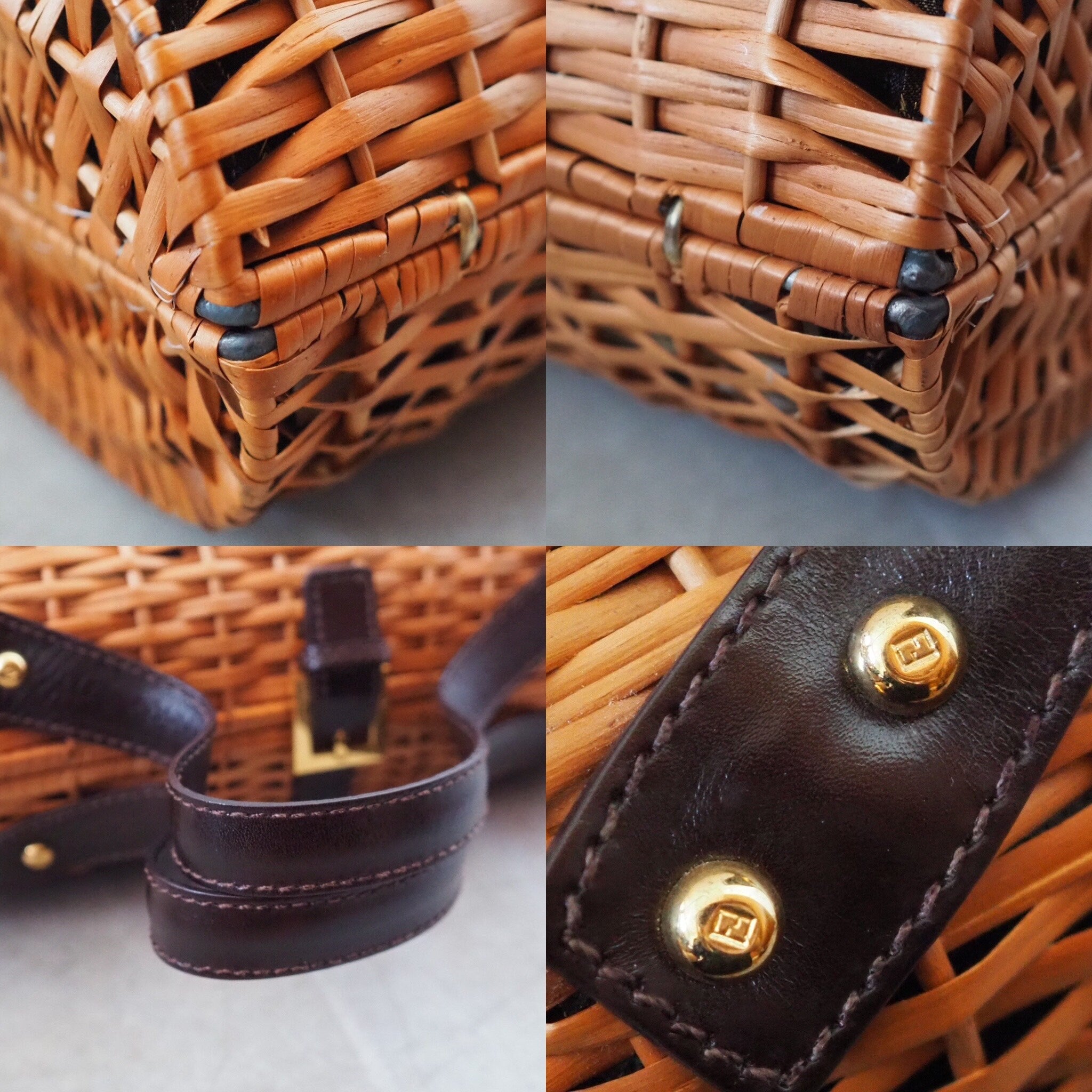 FENDI ZUCCA Rattan Basket Bag Cylindrical Handbag Brown Leather Vintage Authentic