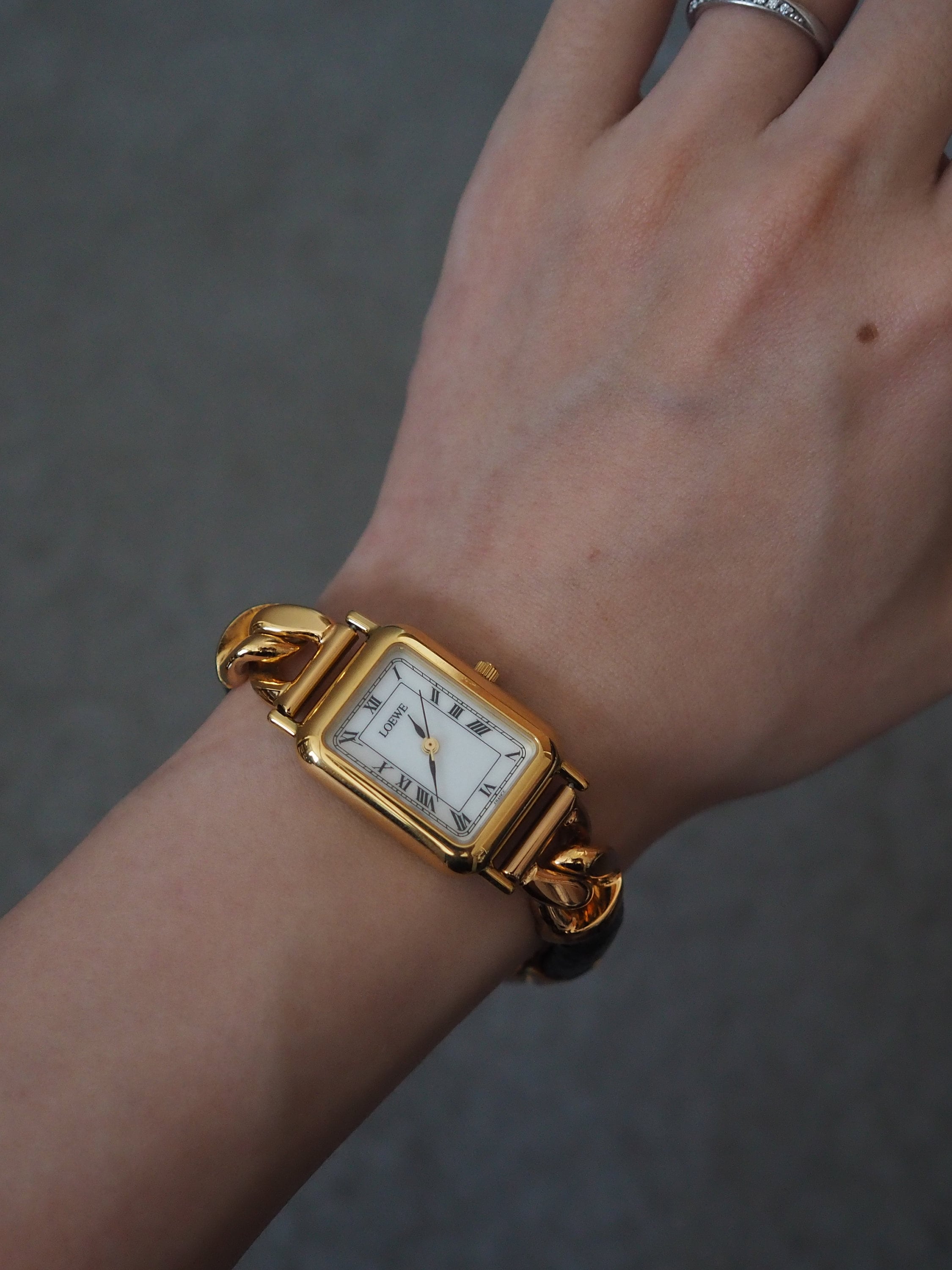 LOEWE Watch Wristwatch 150th Anniversary Gold Metal Steel Black Leather Quartz Vintage Authentic