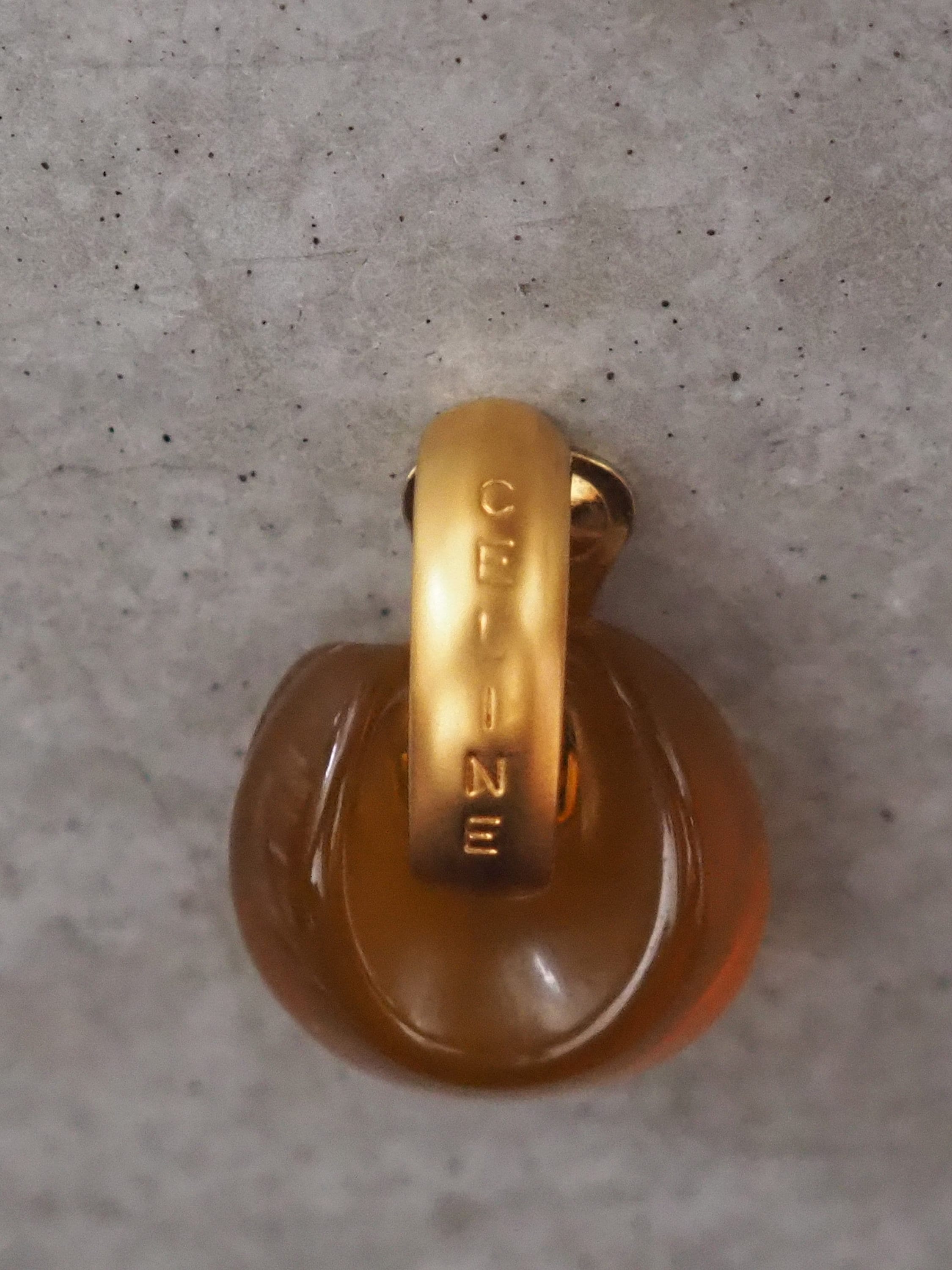 CELINE Hoop Earrings Logo Clear Brown Gold Metal Authentic Vintage