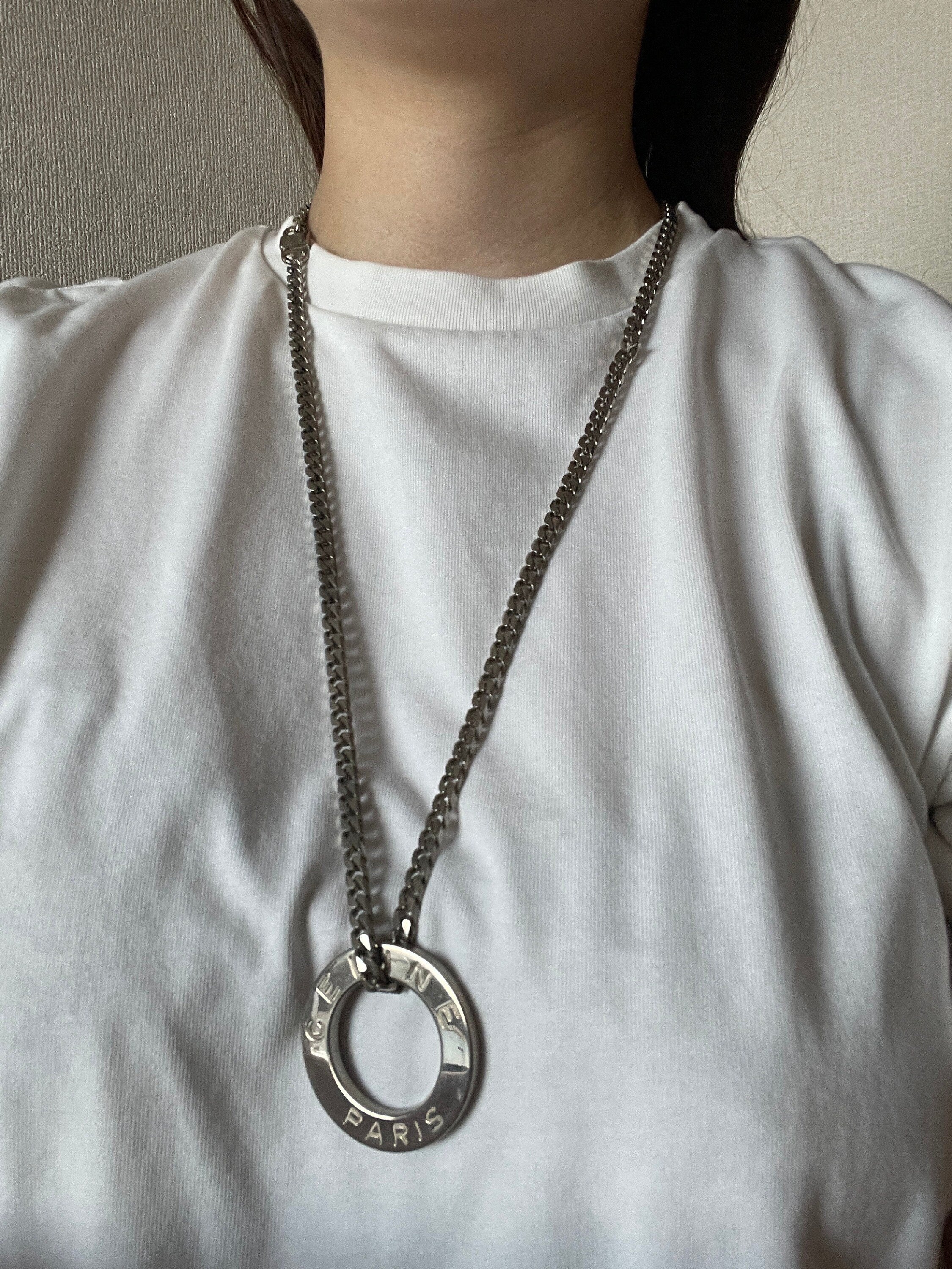 CELINE Circle Long Necklace Vintage Metal Silver Color Authentic