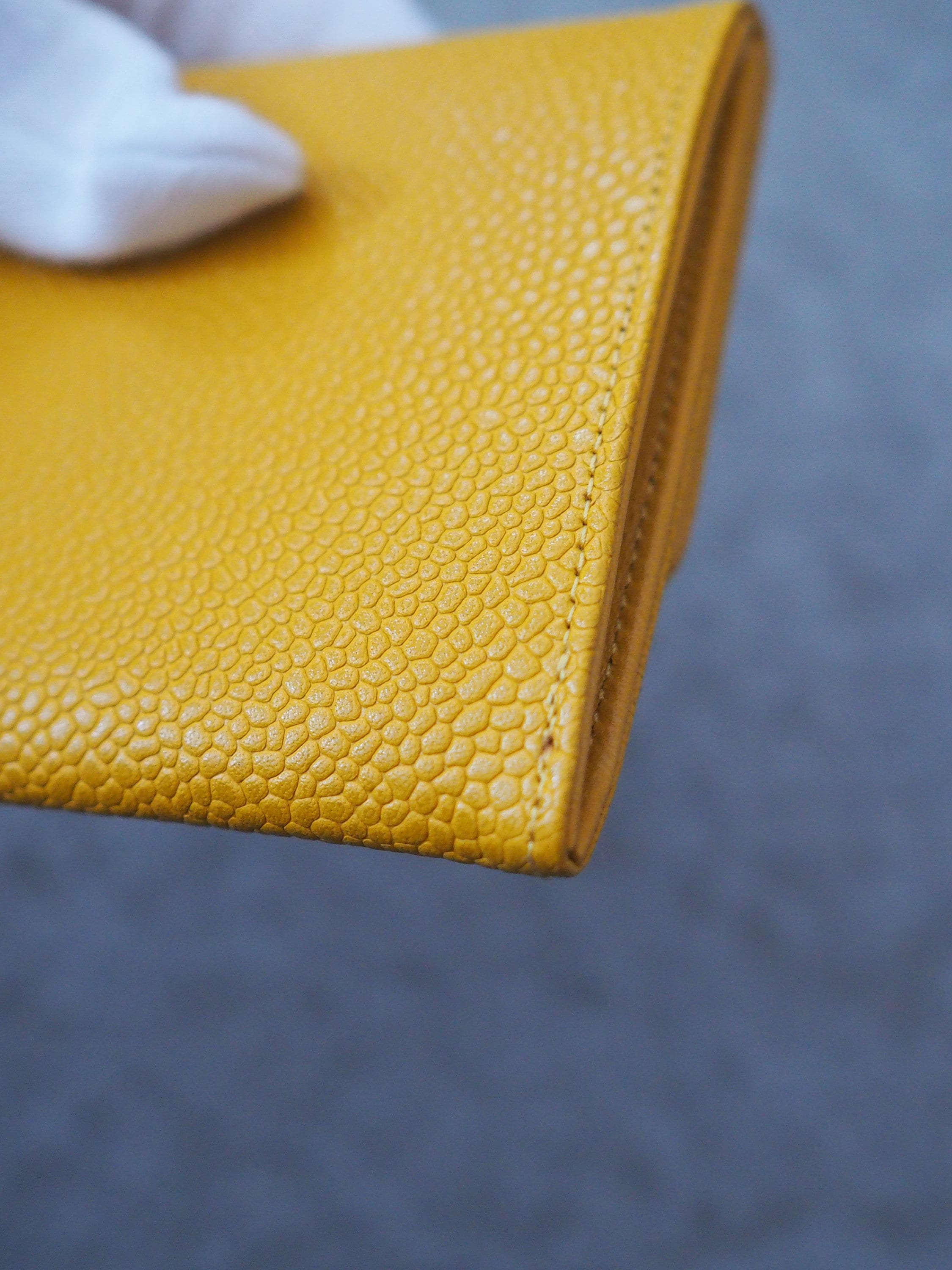 CHANEL COCO Coin Card Wallet Purse Compact Caviar Skin Leather Yellow Authentic Vintage Box