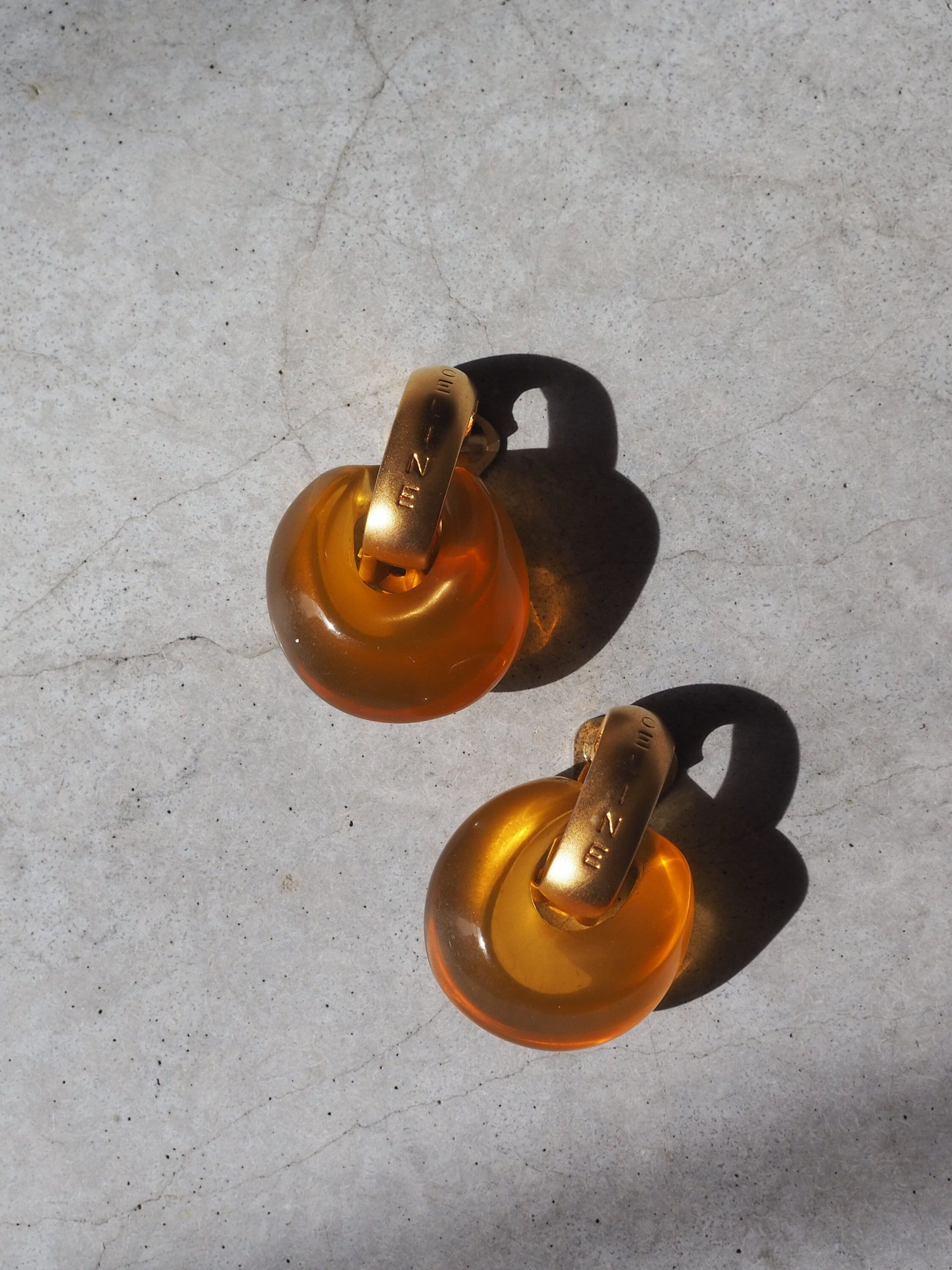 CELINE Hoop Earrings Logo Clear Brown Gold Metal Authentic Vintage