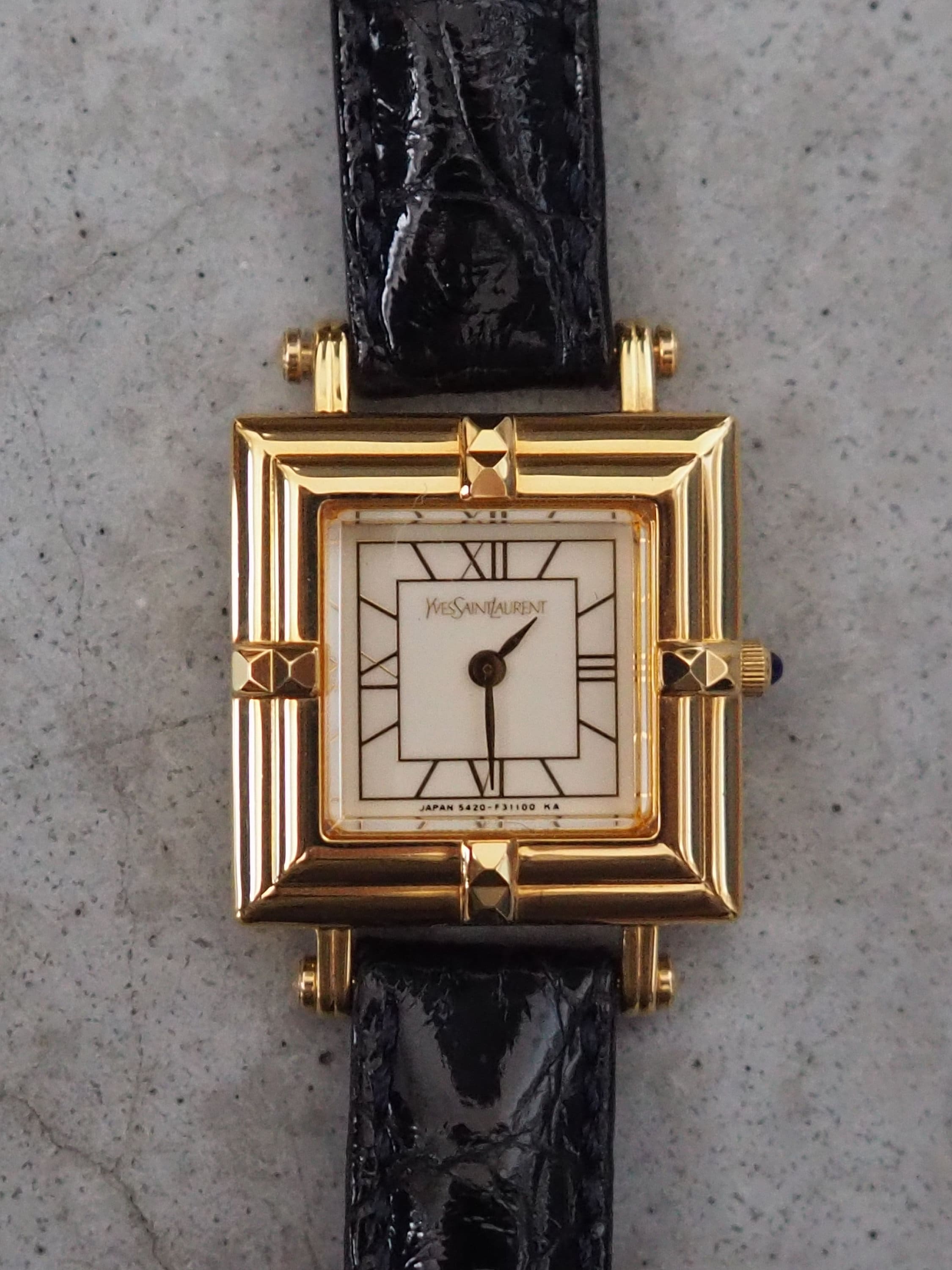 Yves Saint Laurent YSL Square Watch Wristwatch Logo Gold color Stainless steel Leather Authentic