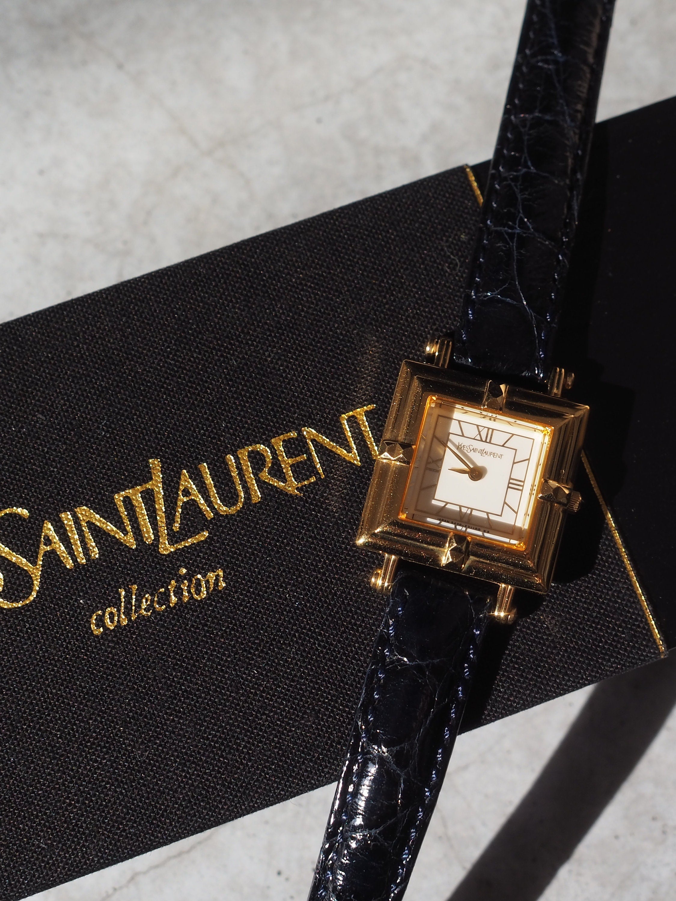Yves Saint Laurent YSL Square Watch Wristwatch Logo Gold color Stainless steel Leather Authentic