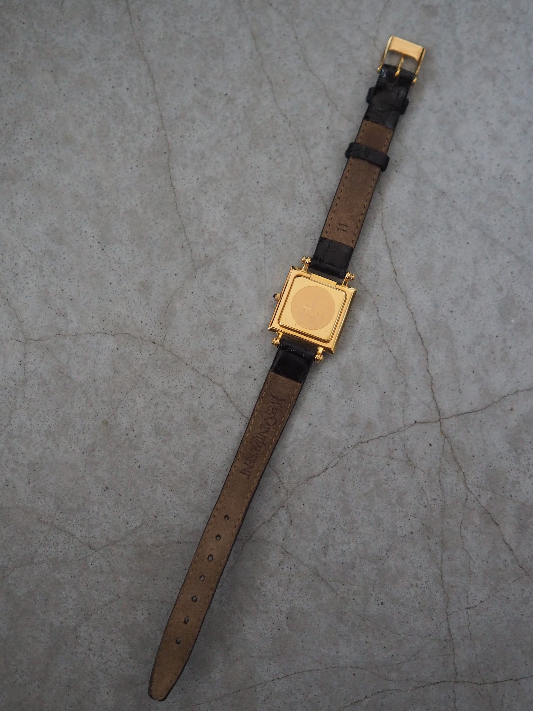 Yves Saint Laurent YSL Square Watch Wristwatch Logo Gold color Stainless steel Leather Authentic