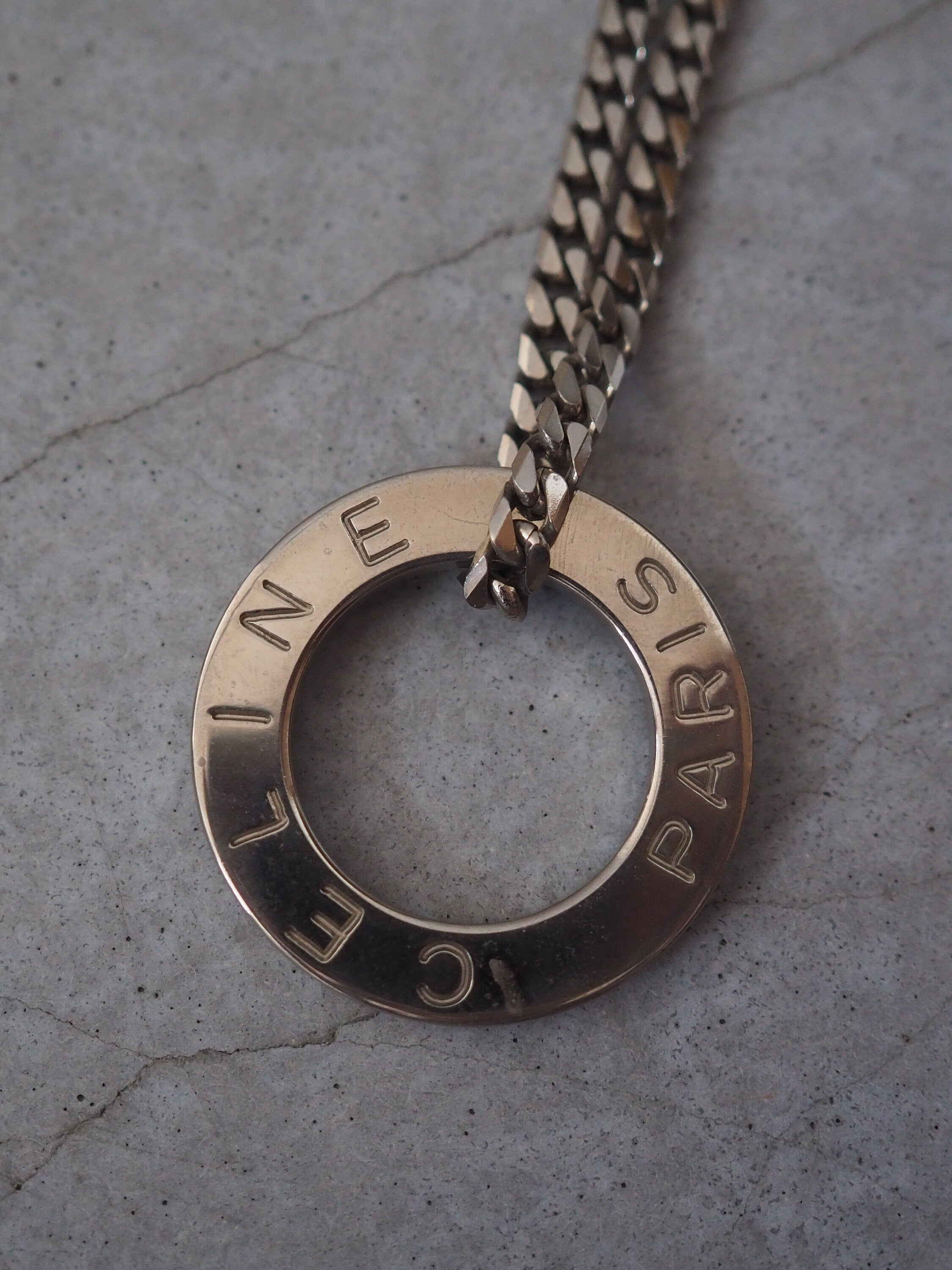 CELINE Circle Long Necklace Vintage Metal Silver Color Authentic