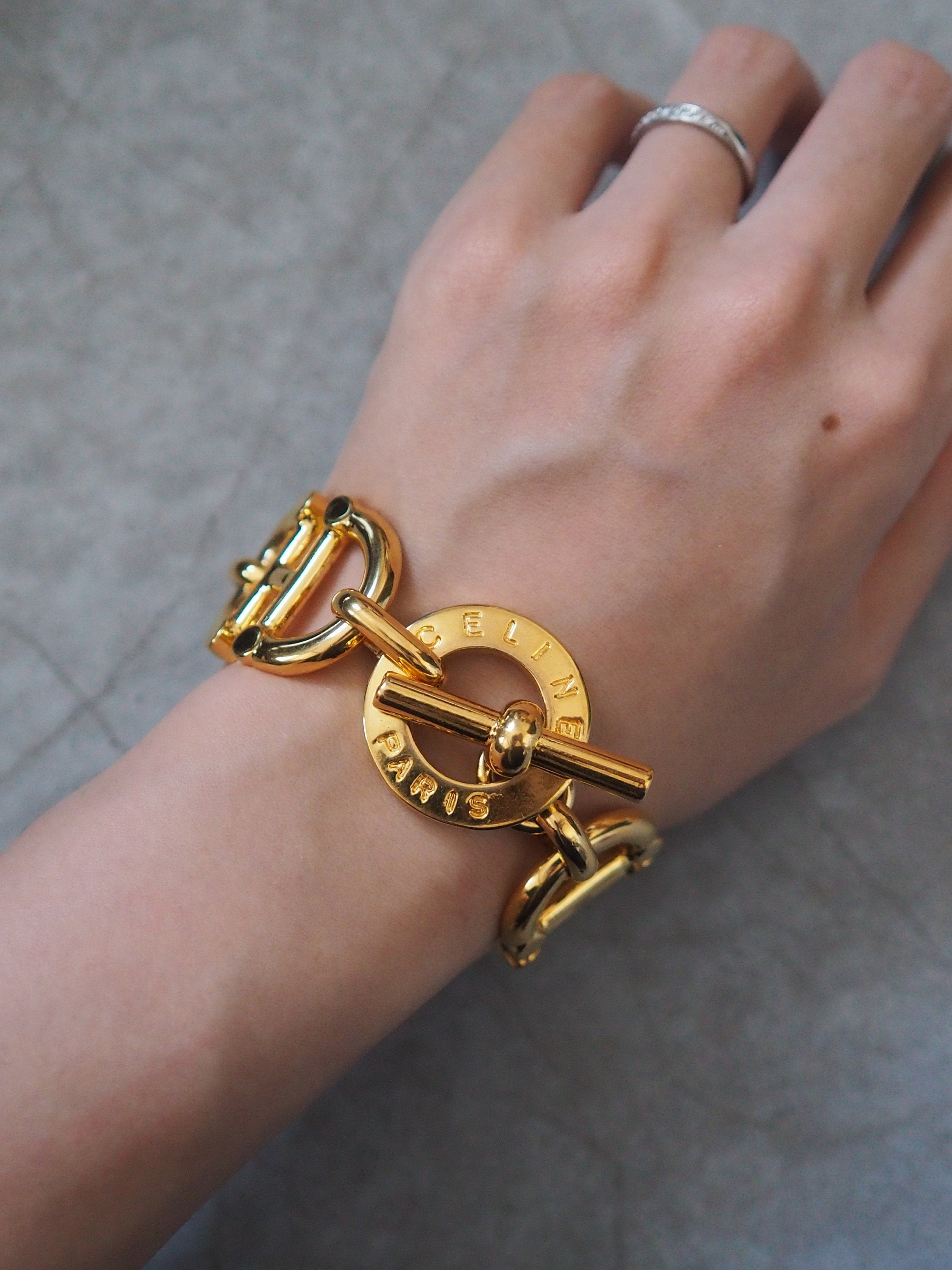 CELINE Circle Horse bit Bracelet Vintage Metal Gold Color Authentic