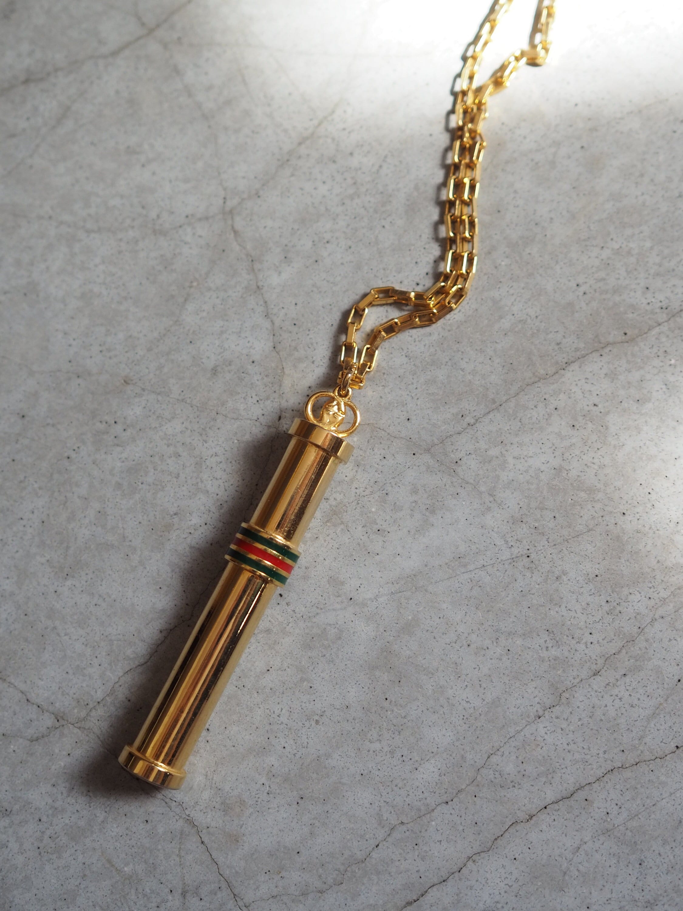 GUCCI Perfume Bottle Pendant Italy Goldtone Chain Necklace Old Vintage Authentic